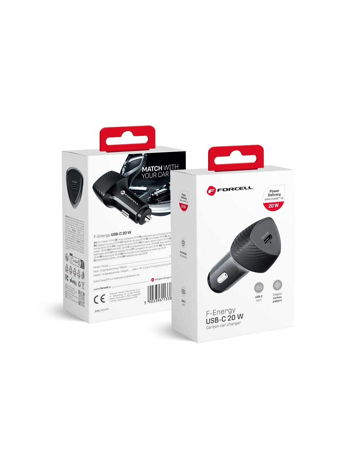 Ładowarka samochodowa Forcell F-Energy Carbon USB C QC3.0 PD 3A 20W CC50-1C czarna
