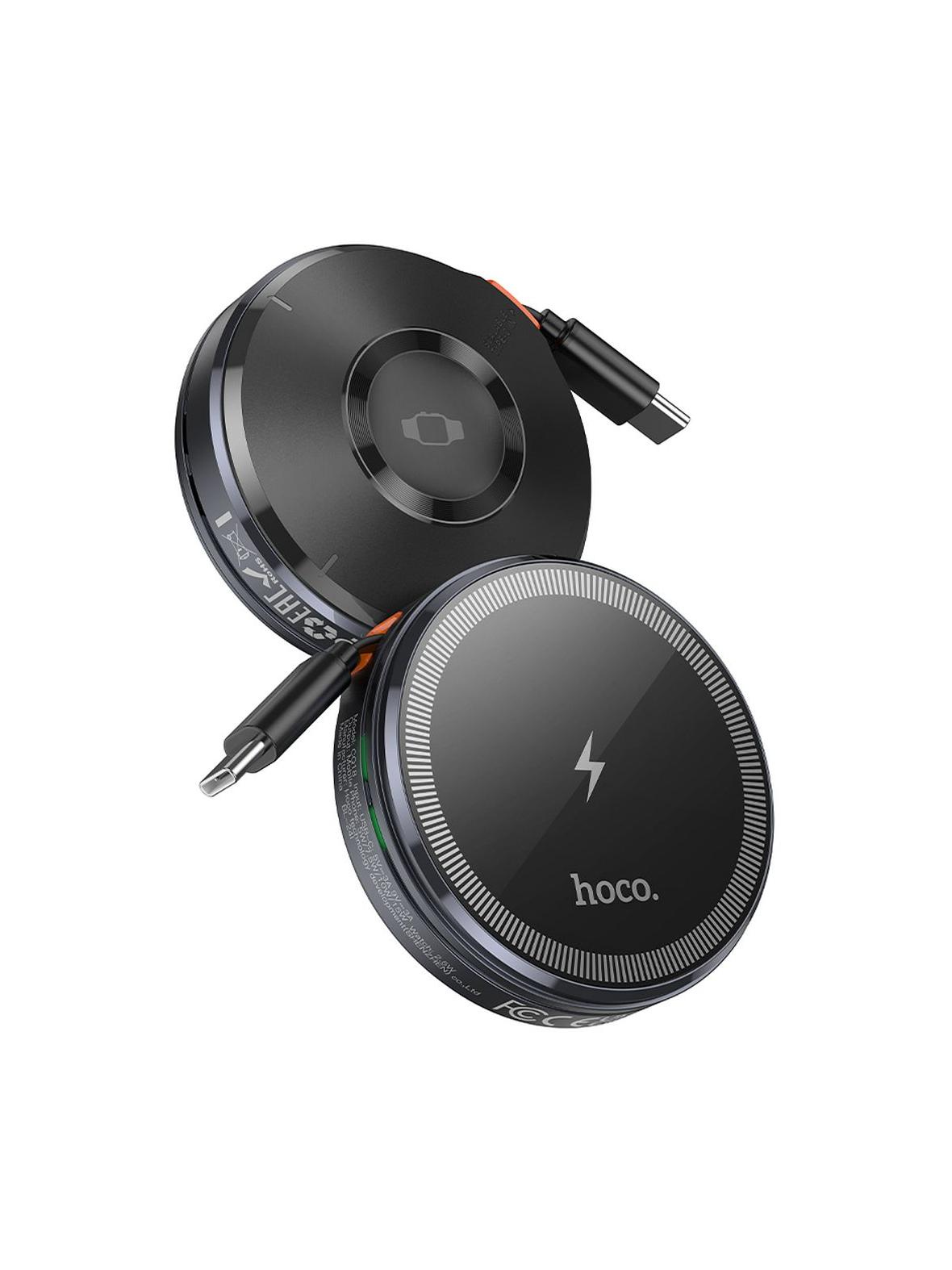 Ładowarka indukcyjna Hoco 15W z chowanym kablem USB C zgoda z MagSafe i Apple Watch CQ18 szara