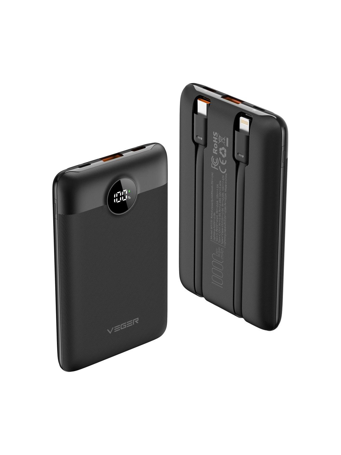 Powerbank Veger C11 (W1170) PD QC3.0 2A 22,5W 10 000 mAh z wbudowanymi kablami USB C / Lightning czarny