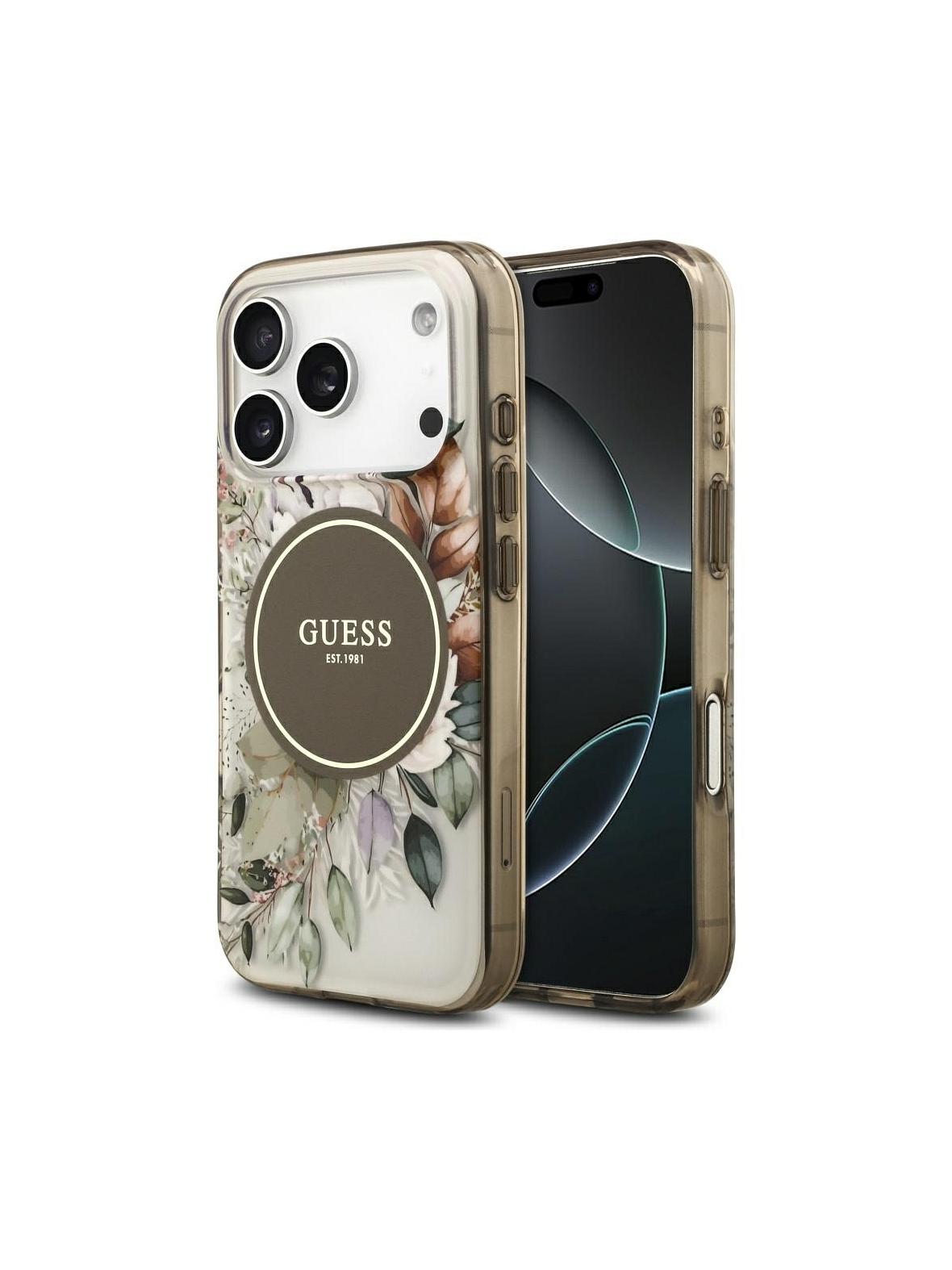 GUESS futerał do IPHONE 17 Pro Max kompatybilny z MagSafe GUHMP17XHFWBDCEW (IML Flower & Tonal Circle) brązowy