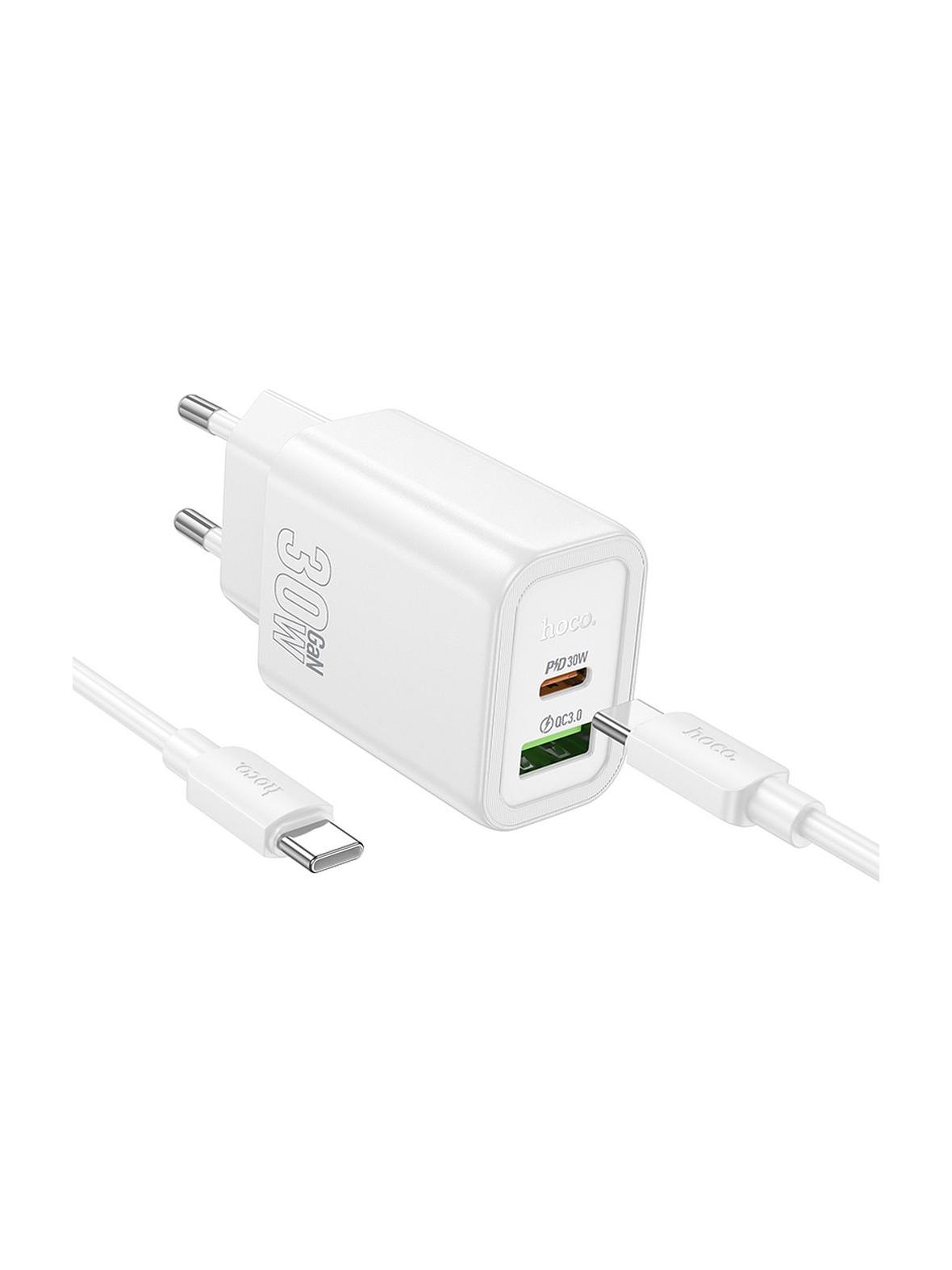 Ładowarka sieciowa do telefonu Hoco USB A + USB C QC3.0 PD 3A 30W + kabel USB C do USB C N63 biała