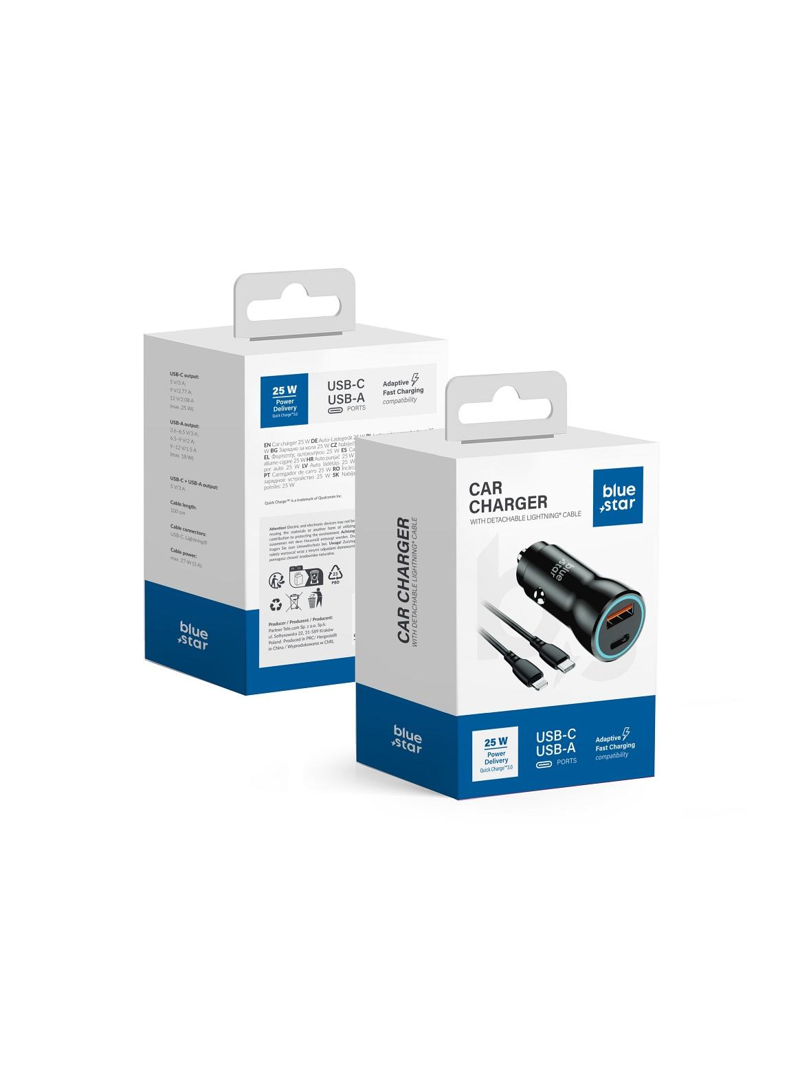 Ładowarka samochodowa Blue Star USB C + USB A QC3.0 PD AFC PPS 3A 25W + kabel USB C do Lightning czarna