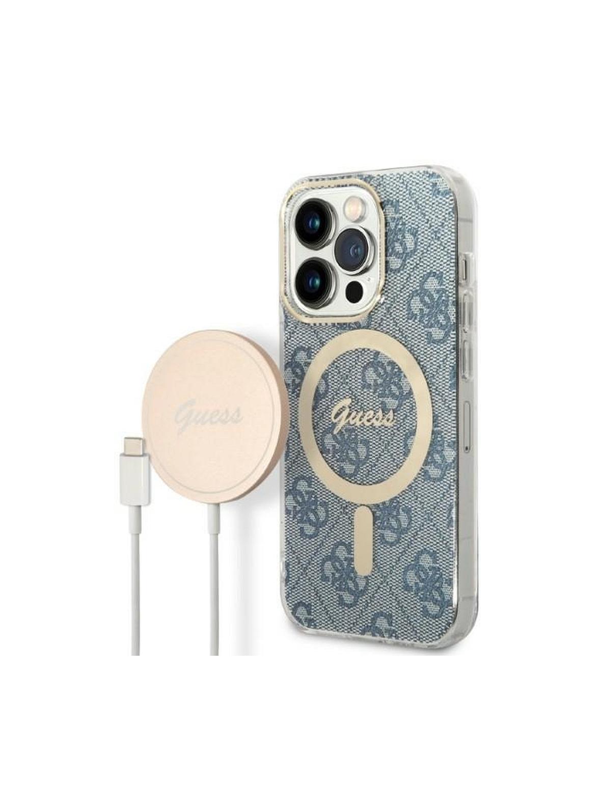 GUESS zestaw do IPHONE 14 Pro kompatybilny z MagSafe GUBPP14LH4EACSB (Bundle Pack / Case + Charger / 4G) złoty niebieski