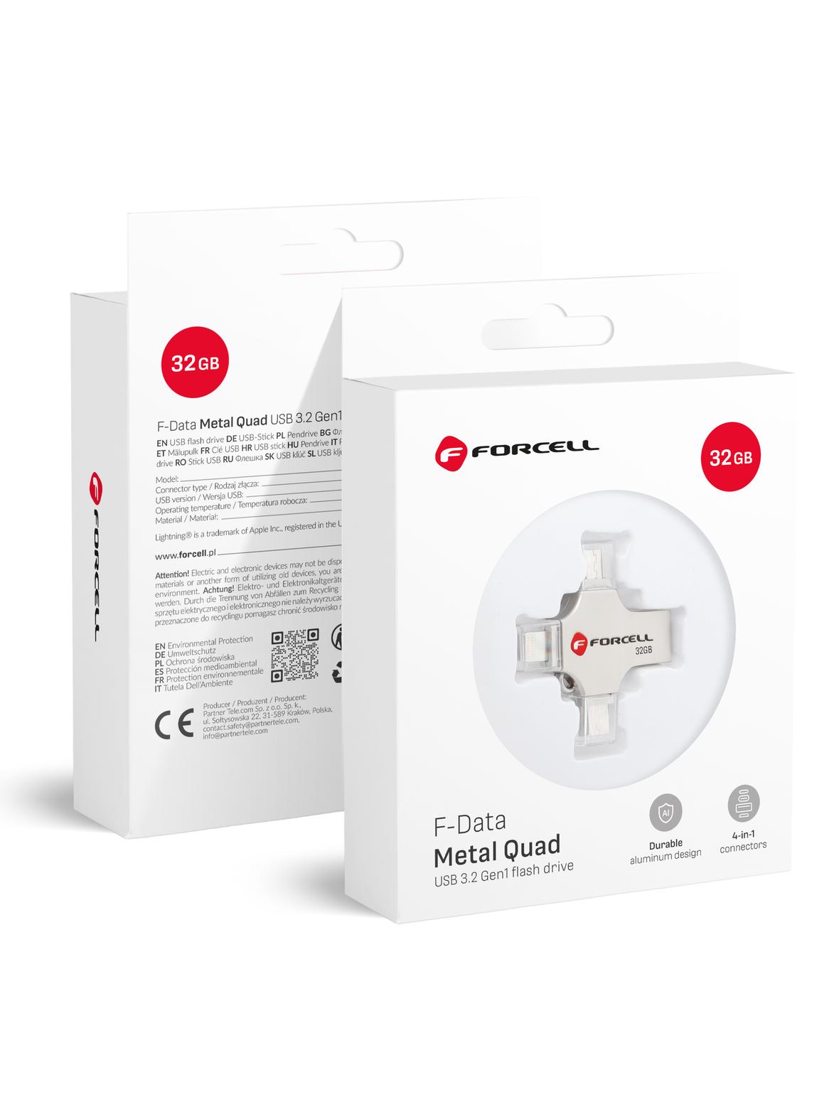 Pendrive 32GB USB 3.2 Gen 1 (USB A / USB C / Lightning / Micro USB) Forcell F-Data Metal Quad srebrny