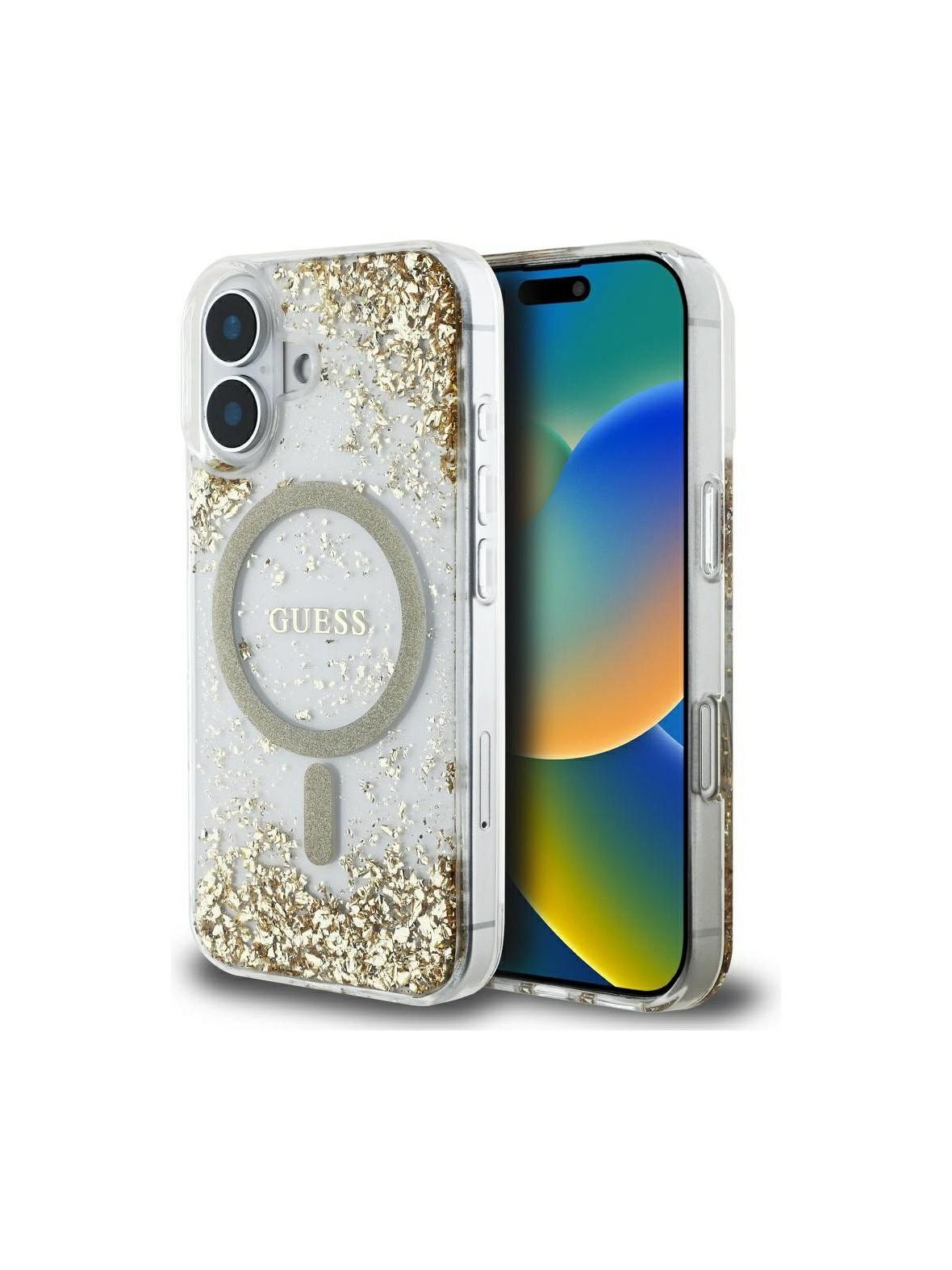 GUESS futerał do IPHONE 16 kompatybilny z MagSafe GUHMP16SRGRGED (Resin Bottom Glitter) złoty