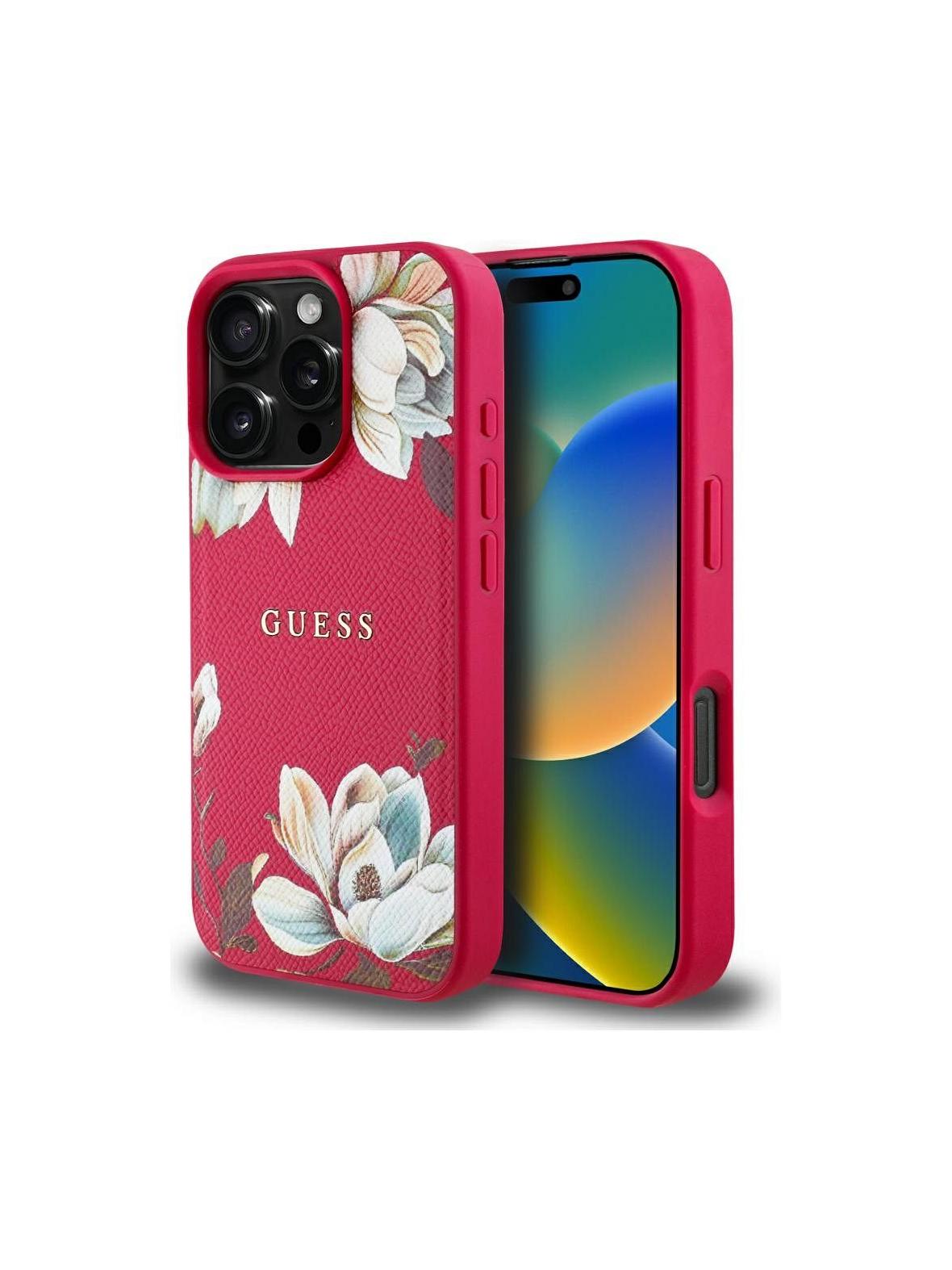 GUESS futerał do IPHONE 16 Pro Max kompatybilny z MagSafe GUHMP16XPGNMPLMF (PU Grained Flowers Classic Logo) fuksja