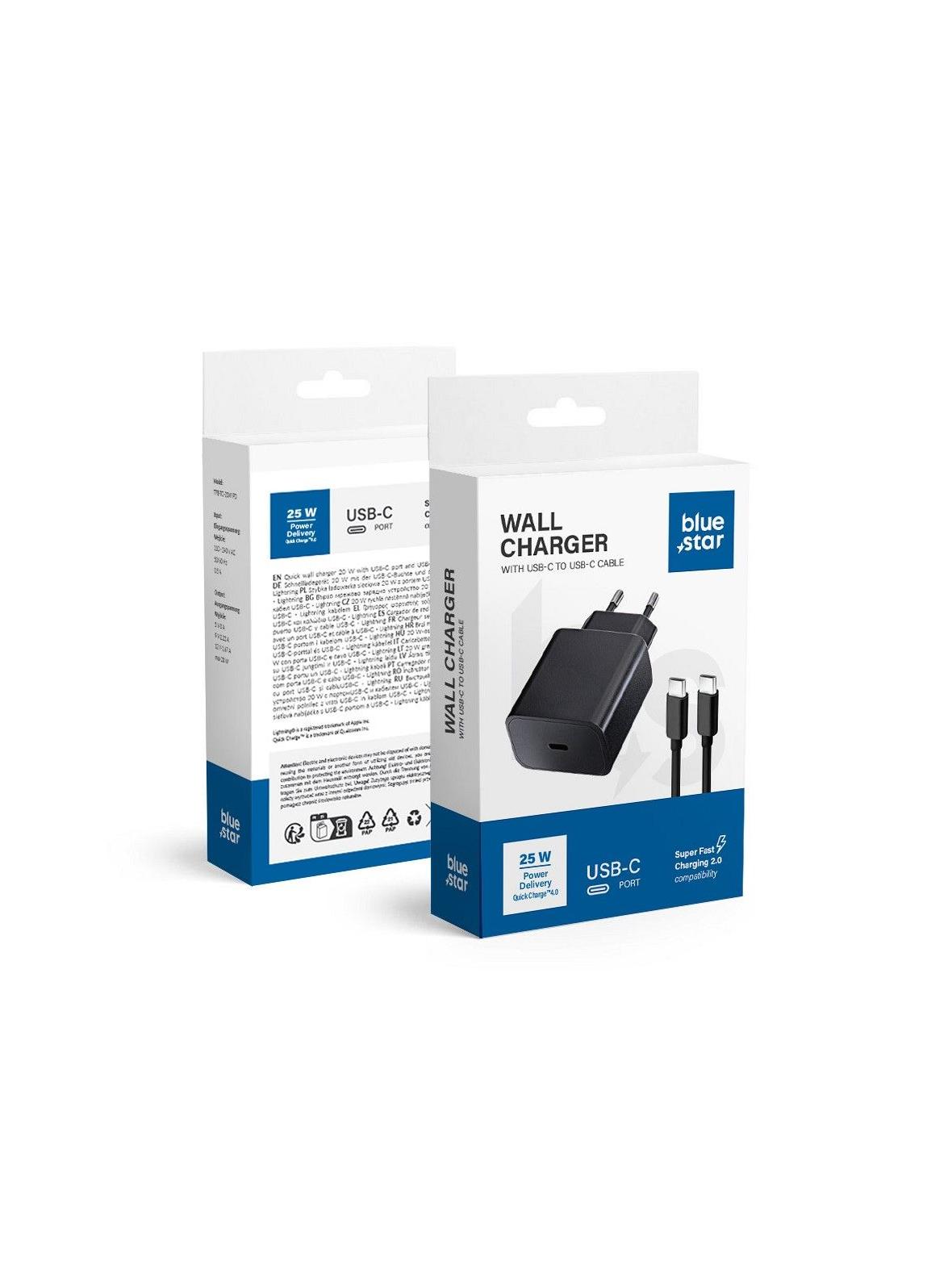 Ładowarka sieciowa do telefonu Blue Star USB C QC4.0 PD 3A 25W + kabel USB C do USB C TFB-TC-25WPD czarna