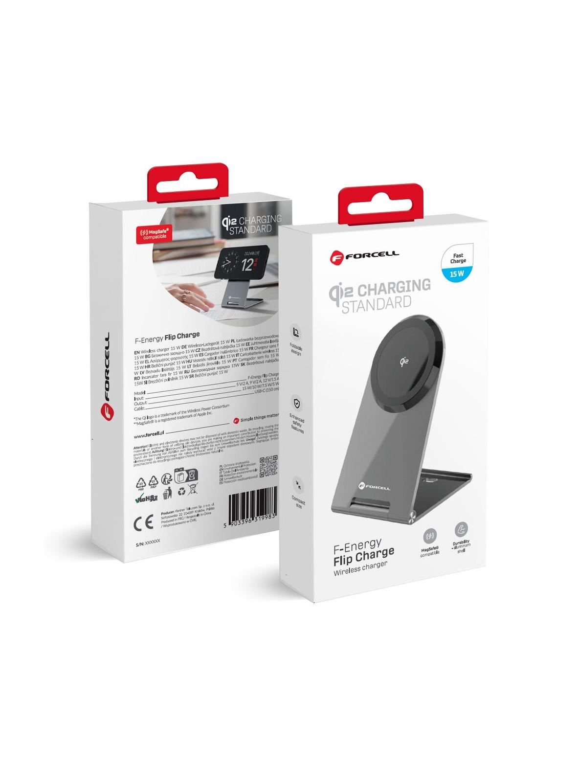 Ładowarka indukcyjna Forcell F-Energy Flip Charge USB C Qi2 15W zgodna z MagSafe srebrna 0INT