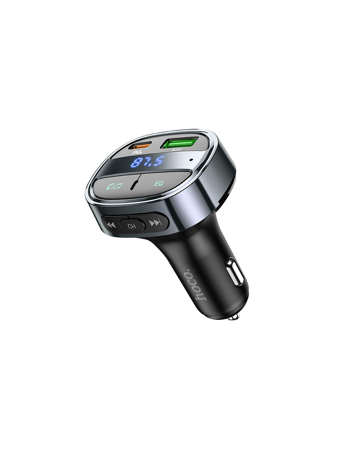 Ładowarka samochodowa Hoco USB A + USB C PD QC3.0 5A 30W z wyświetlaczem + transmiter FM BT E70 czarny