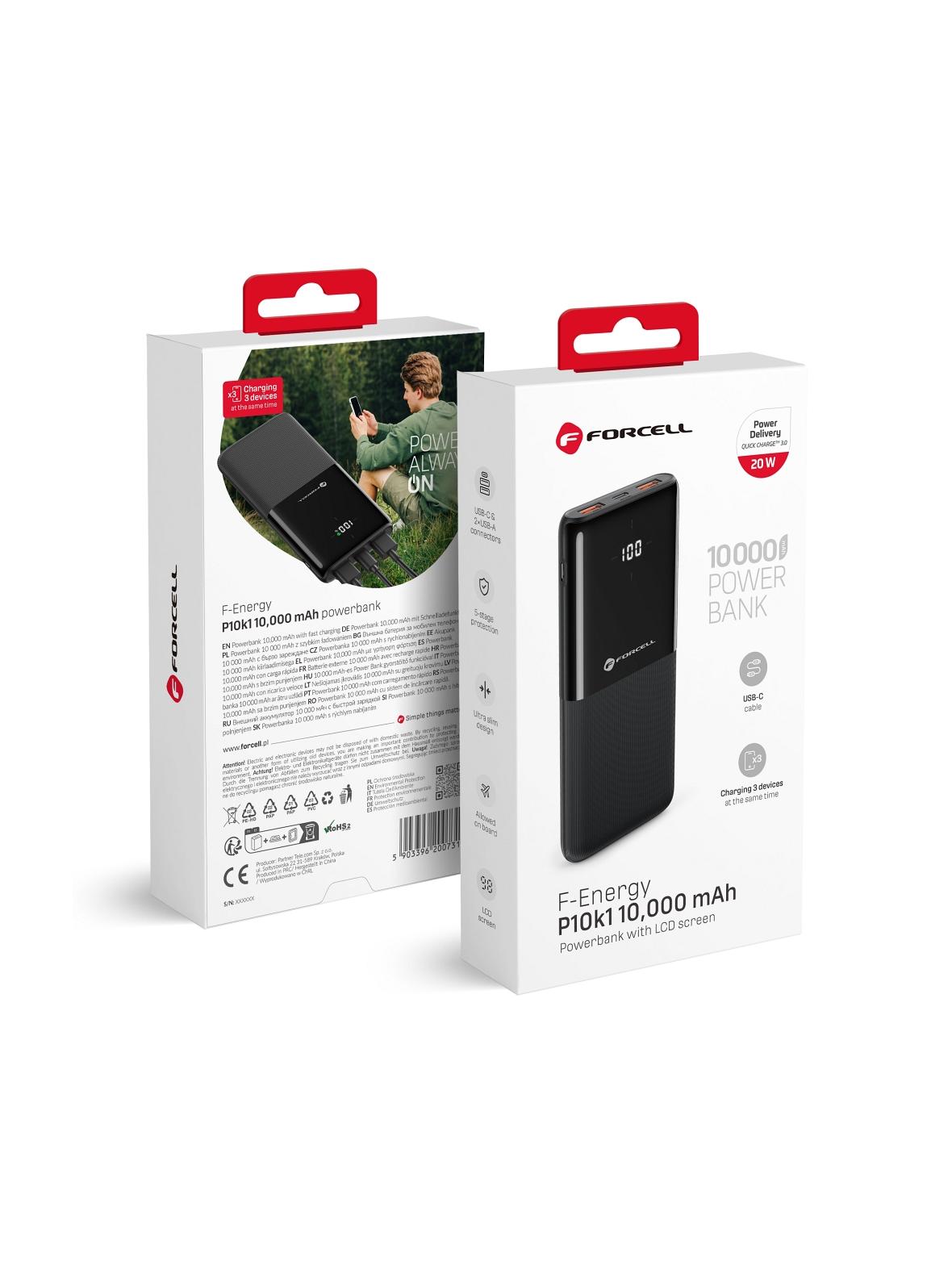 Powerbank Forcell F-Energy P10k1 PD QC3.0 3A 20W 10000 mAh czarny