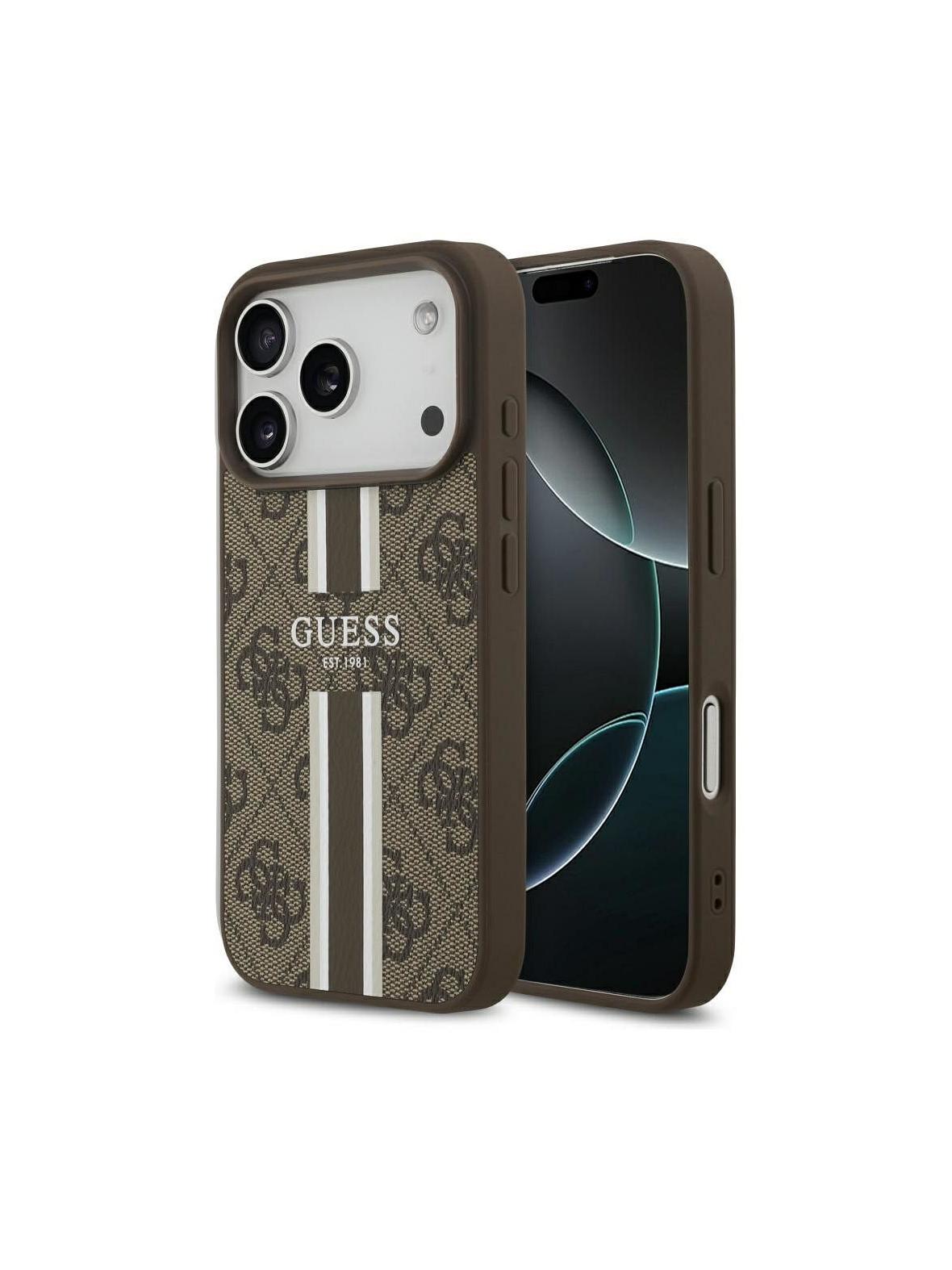 GUESS futerał do IPHONE 17 Pro kompatybilny z MagSafe GUHMP17LP4RPSW (4G Printed Stripes) brązowy