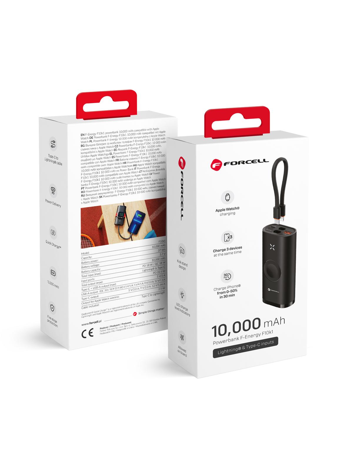 Powerbank Forcell F-Energy F10k1 PD QC3.0 5A 22,5W 10000 mAh kompatybilny z Apple Watch czarny