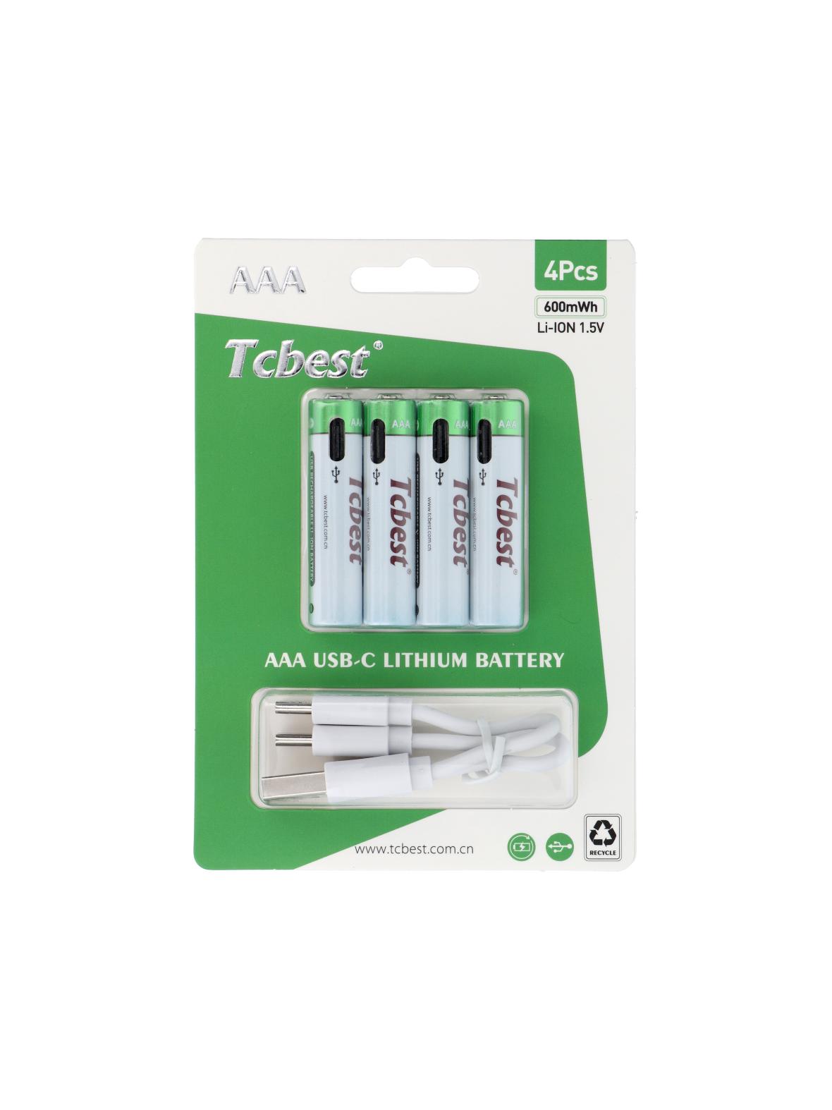 TCBEST bateria akumulatorowa R3 (AAA) 400 mAh z gniazdem Typ C + kabel USB A do 4 x Typ C 4 szt