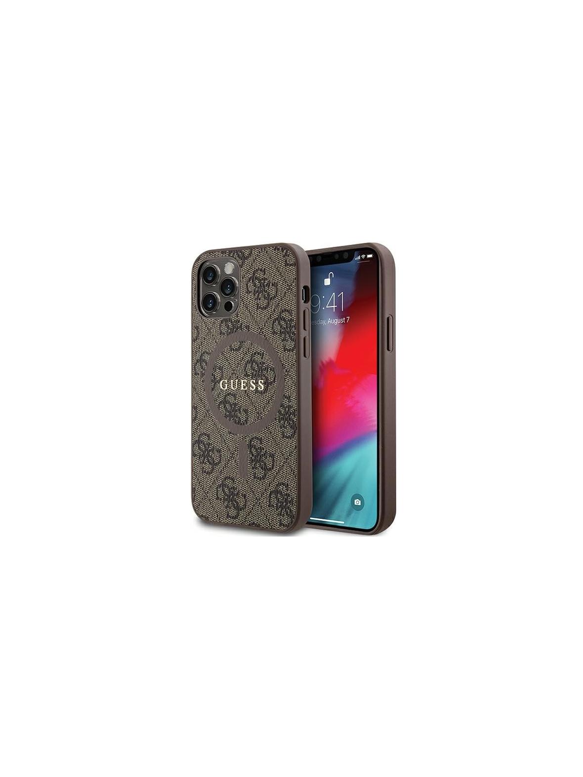 GUESS futerał do IPHONE 12 / 12 Pro kompatybilny z MagSafe GUHMP12MG4GFRW (4G Ring classic logo) brązowy