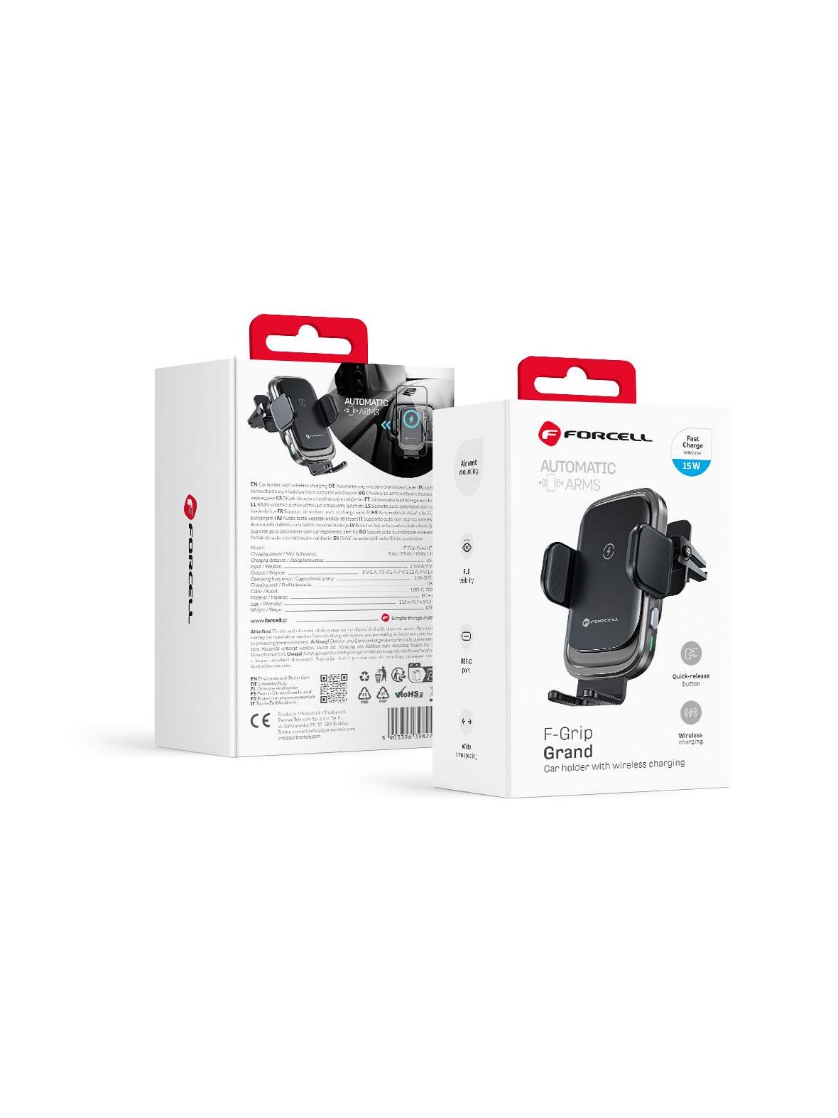 Uchwyt na telefon do samochodu indukcyjny Forcell F-Grip Grand F-24 15W do kratki srebrny