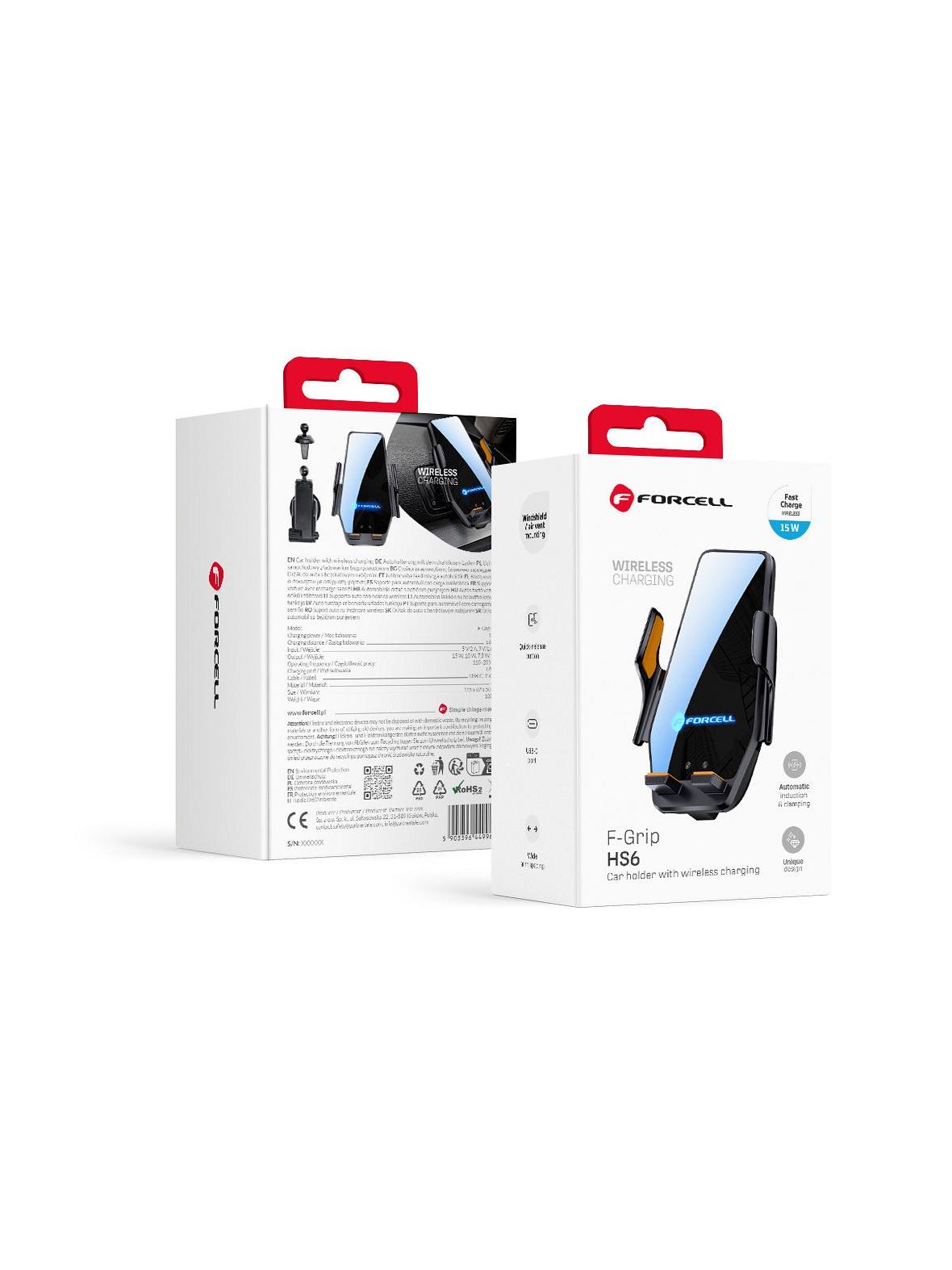 Uchwyt na telefon do samochodu indukcyjny Forcell F-Grip HS6 15W do szyby / kratki czarny