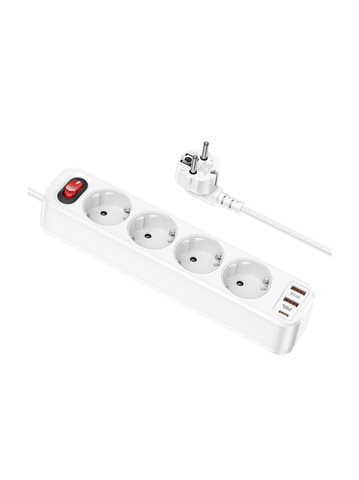 Przedłużacz 1,8 m Hoco 4 gniazda + 2 x USB A + USB C QC3.0 PD 3A 20W NS1 biały