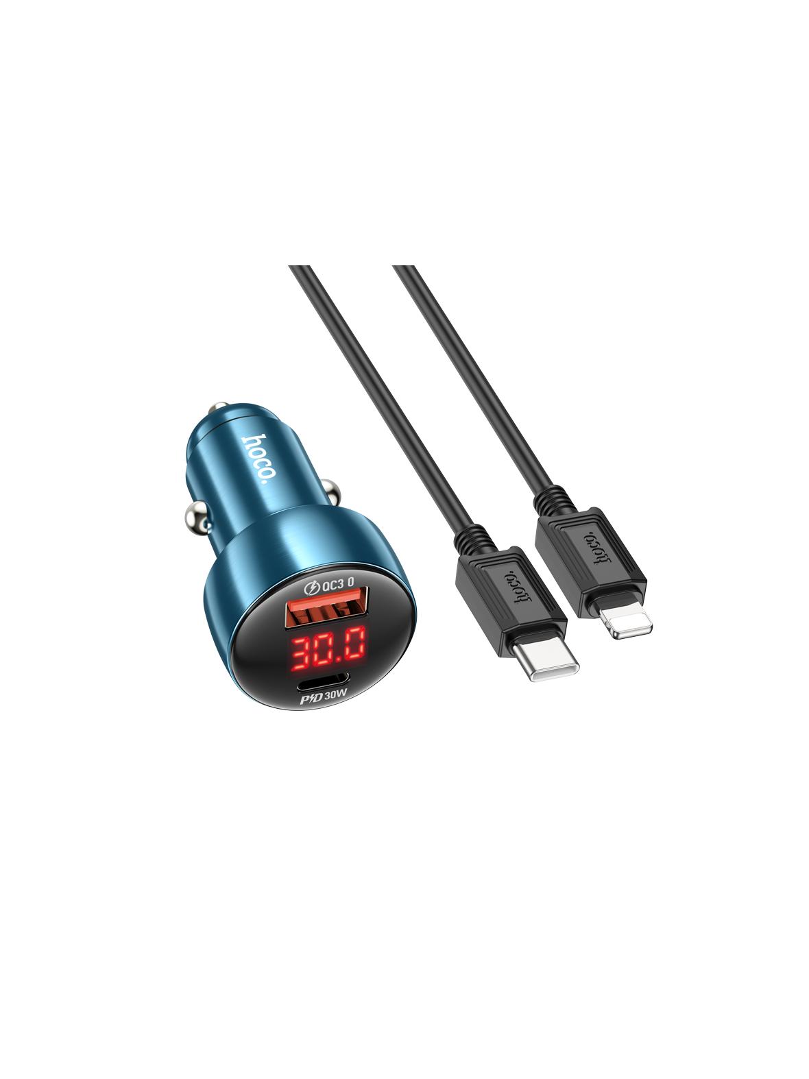 Ładowarka samochodowa Hoco USB A + USB C QC3.0 PD 3A 48W z wyświetlaczem + kabel USB C do Lightning Z50 niebieska