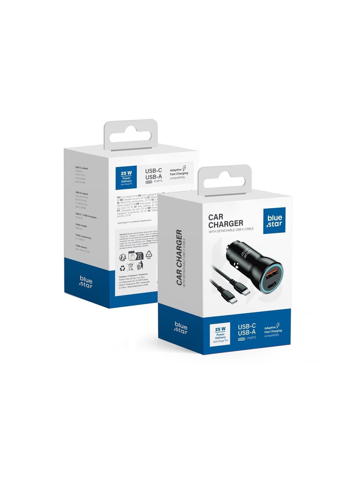 Ładowarka samochodowa Blue Star USB C + USB A QC3.0 PD AFC PPS 3A 25W + kabel USB C do USB C czarna