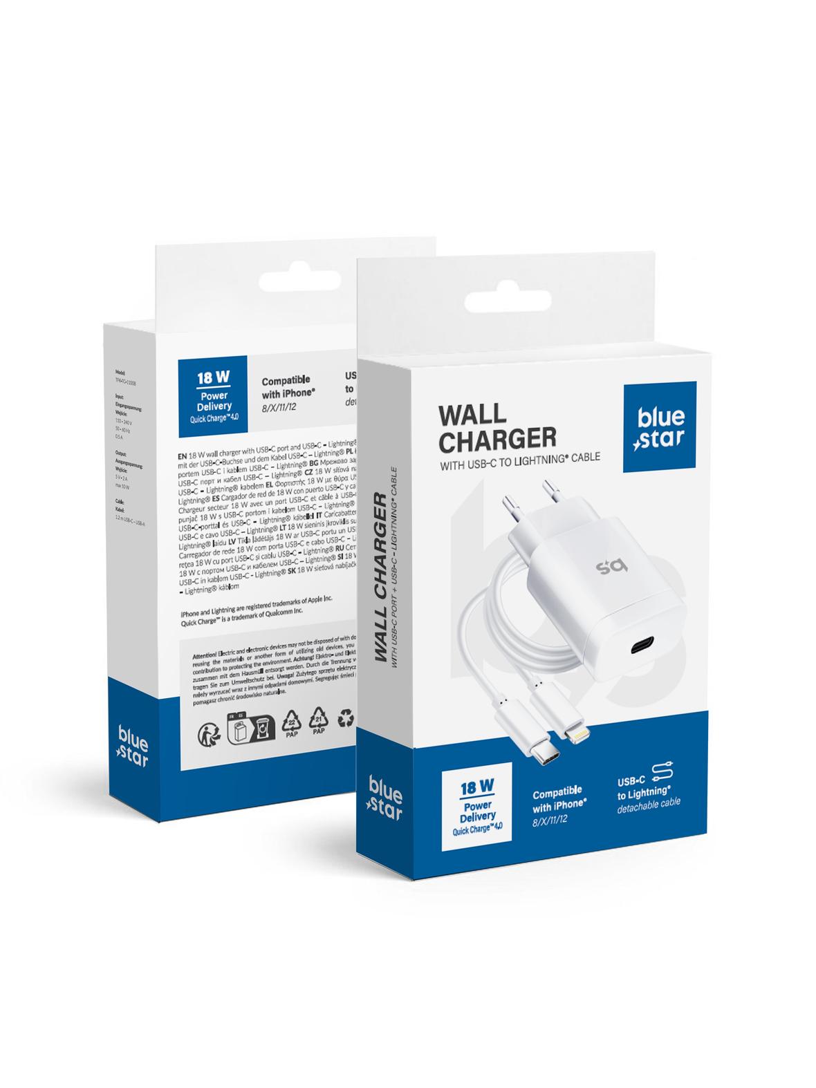 Ładowarka sieciowa do telefonu Blue Star USB C QC4.0 PD 3A 18W + kabel USB C do Lightning TFK-TC-1099C biała