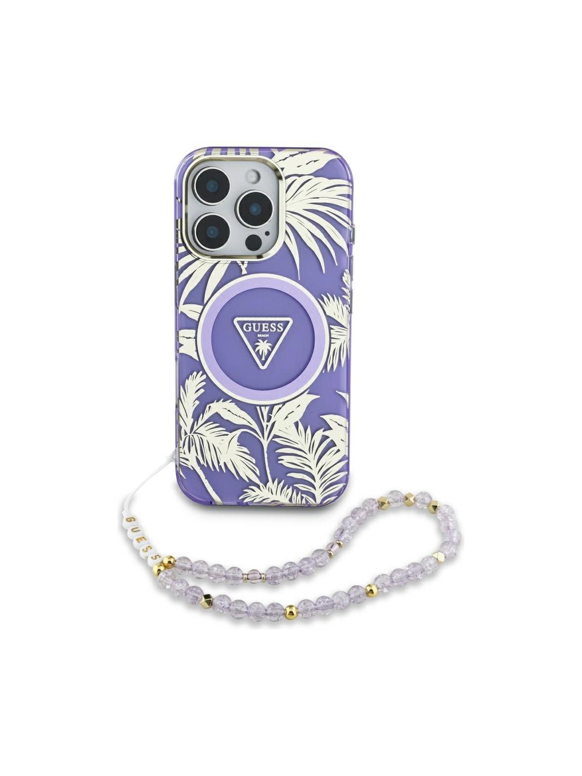 GUESS futerał do IPHONE 16 kompatybilny z MagSafe GUHMP16SHPCTPLSU (IML Palm Trees Triangle W/ Pearl Strap) fioletowy