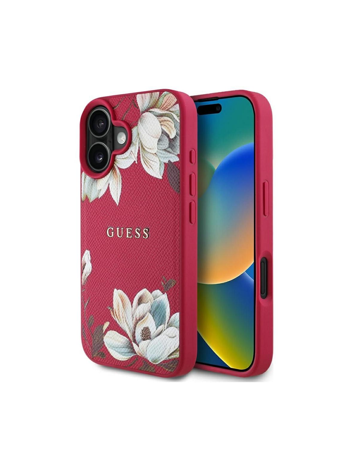GUESS futerał do IPHONE 16 kompatybilny z MagSafe GUHMP16SPGNMPLMF (PU Grained Flowers Classic Logo) fuksja