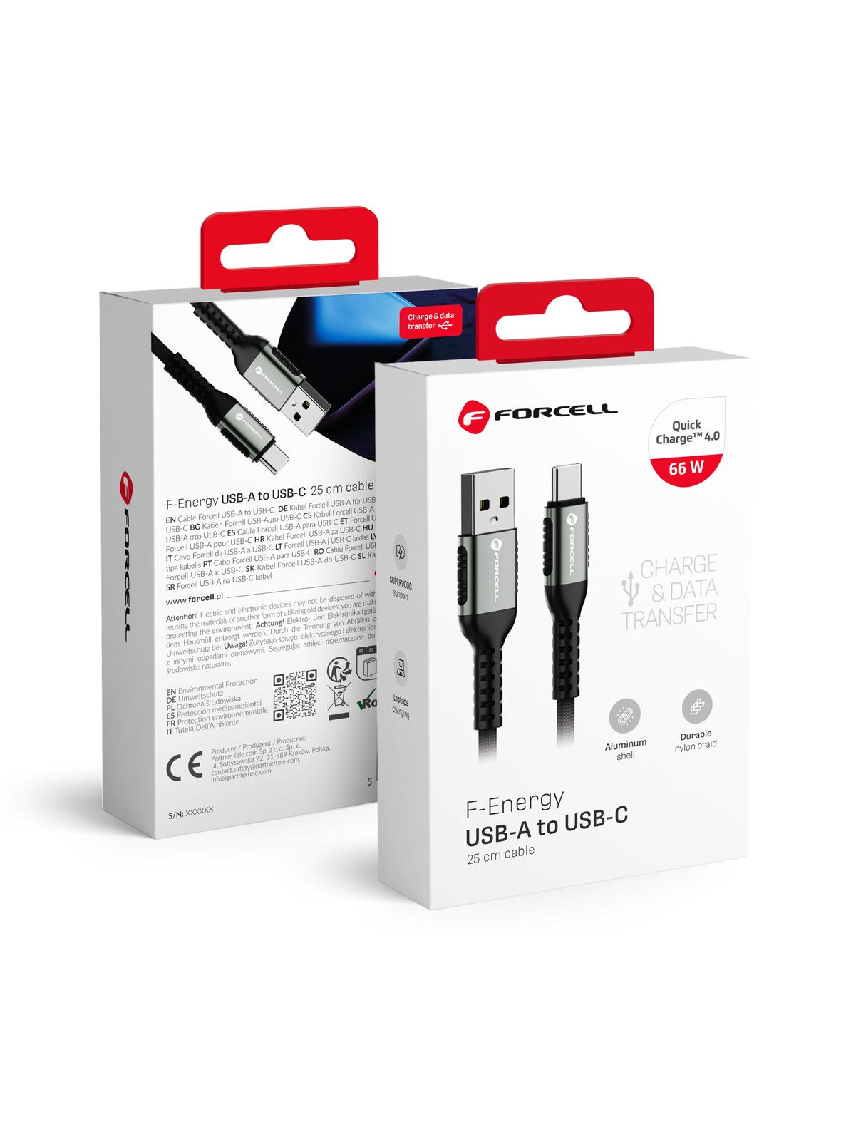 Kabel USB A do USB C Forcell F-Energy QC4.0 3A 66W Cafule 0,25 m C256 czarny