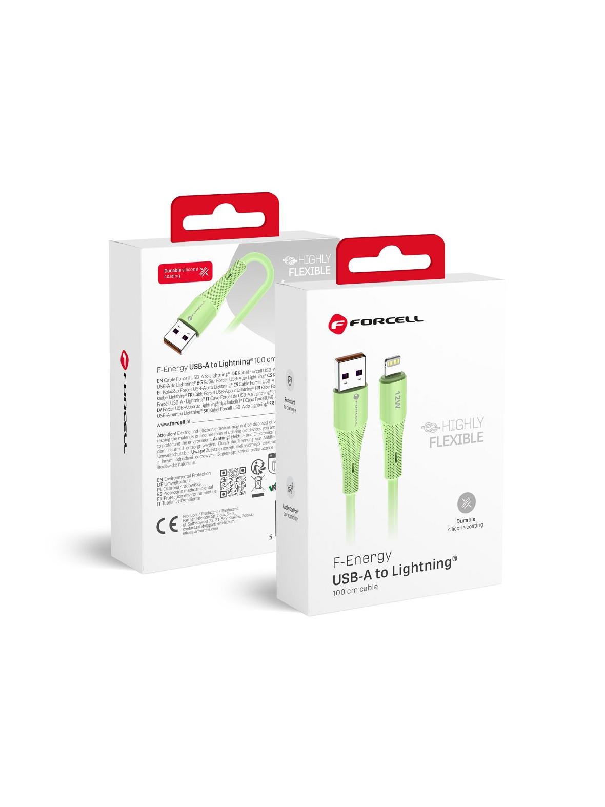 Kabel USB A do Lightning Forcell F-Energy 2,4A 12W Silicone 1 m C343 zielony