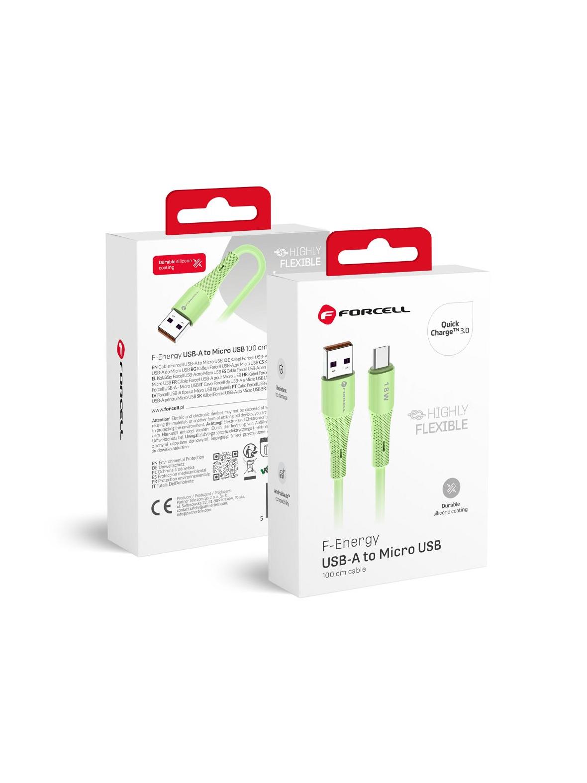 Kabel USB A do Micro USB Forcell F-Energy QC3.0 2,4A 18W Silicone 1 m C341 zielony