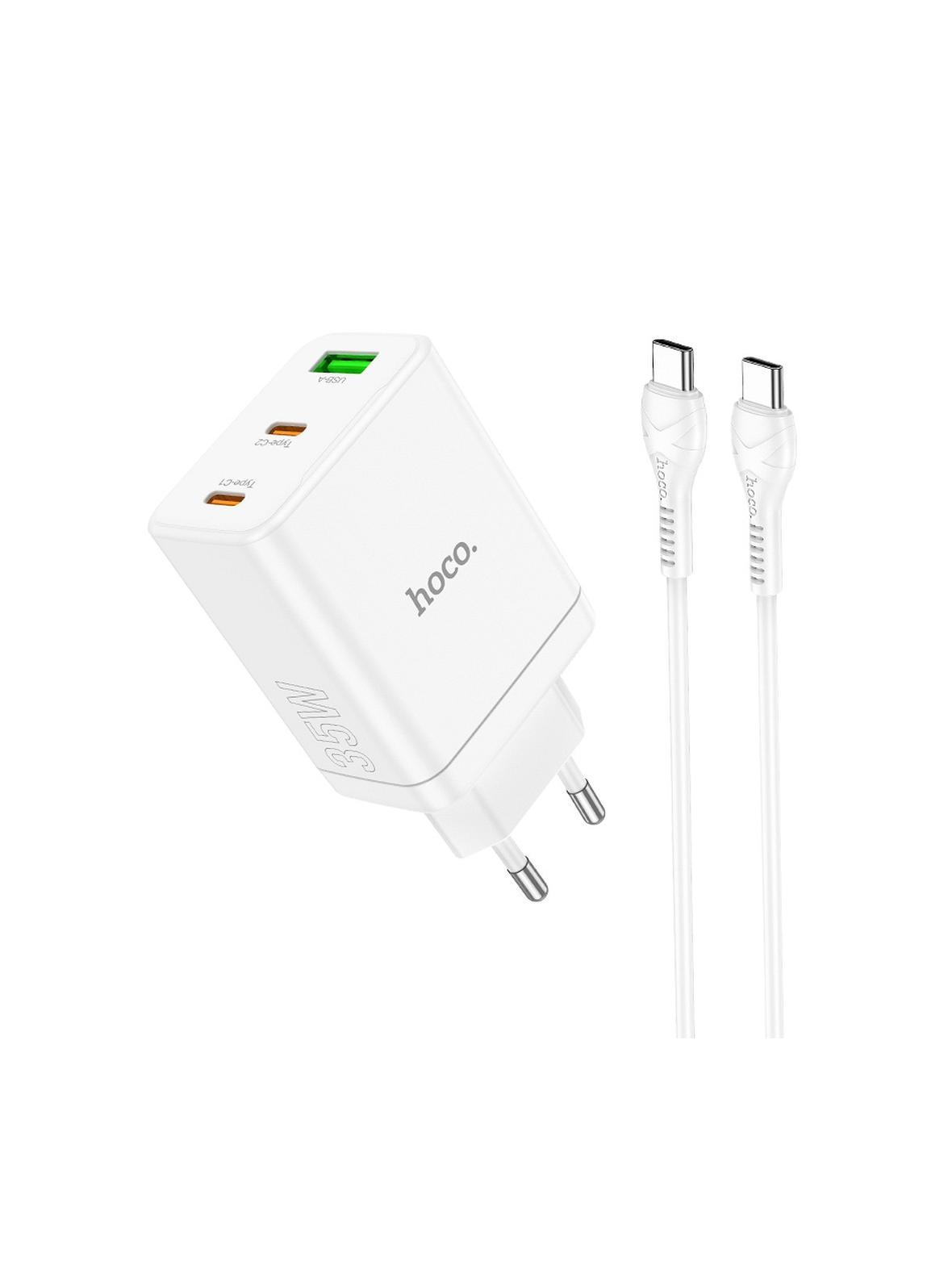 Ładowarka sieciowa do telefonu Hoco 2 x USB C + USB A QC3.0 PD 3A 35W + kabel USB C do USB C N33 biała