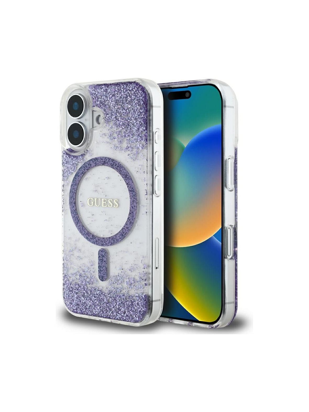 GUESS futerał do IPHONE 16 kompatybilny z MagSafe GUHMP16SRGRGEU (Resin Bottom Glitter) fioletowy