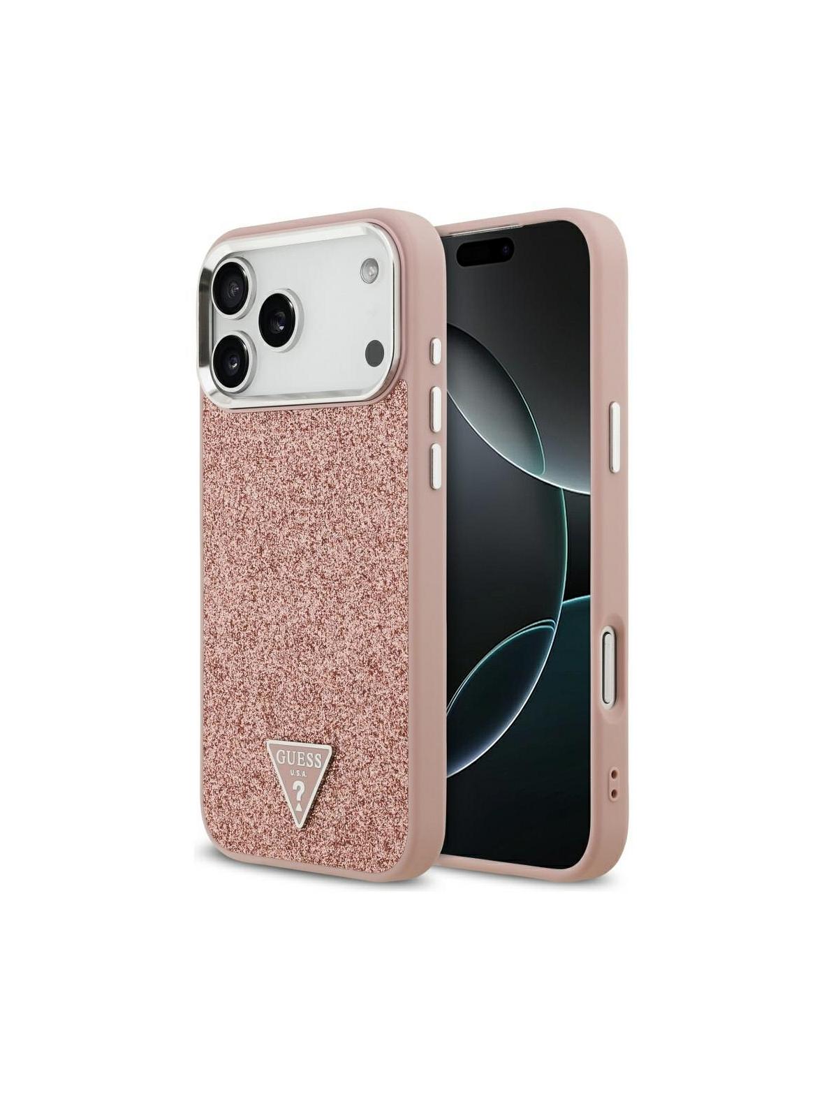 GUESS futerał do IPHONE 17 Pro Max kompatybilny z MagSafe GUHMP17XPFGTSCMP (PU Glitter W/ Triangle Logo) różowy
