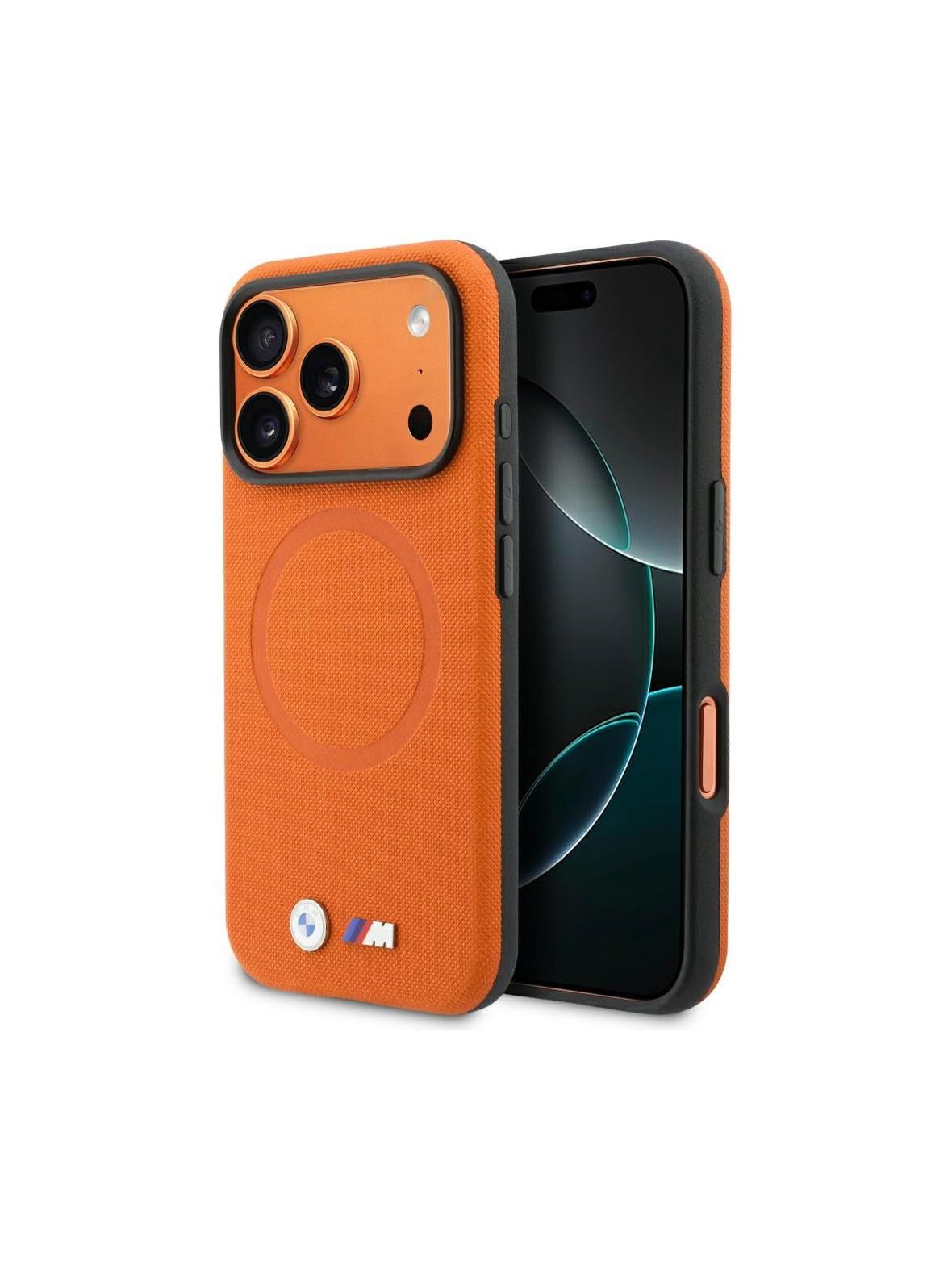 BMW futerał do IPHONE 17 Pro kompatybilny z MagSafe BMHMP17L25PFWSMO (PU FW Metal Logo) pomarańczowy