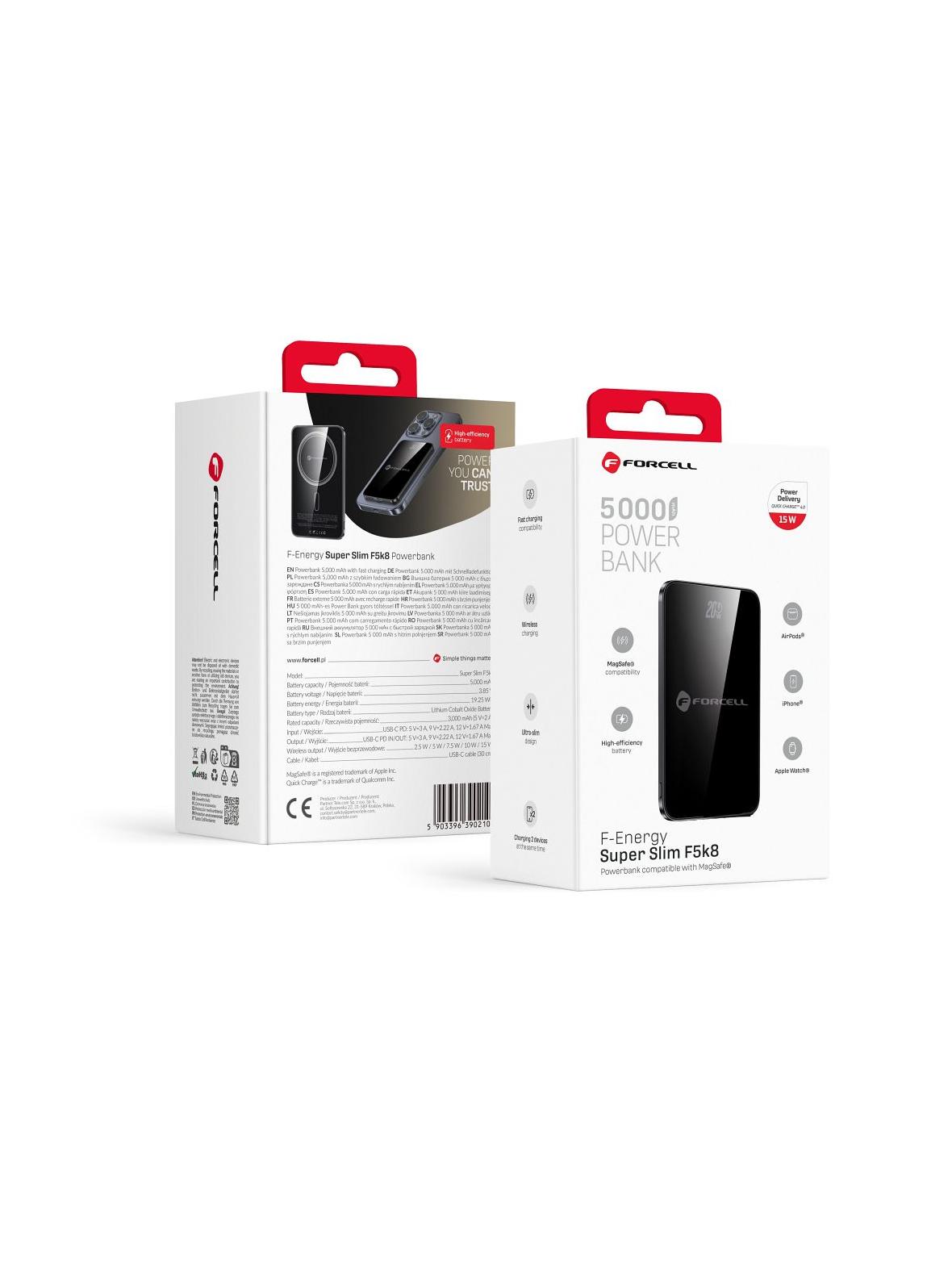 Powerbank zgodny z MagSafe Forcell F-Energy SuperSlim F5K8 QC4.0 PD3.0 15W 5000 mAh czarny 0INT