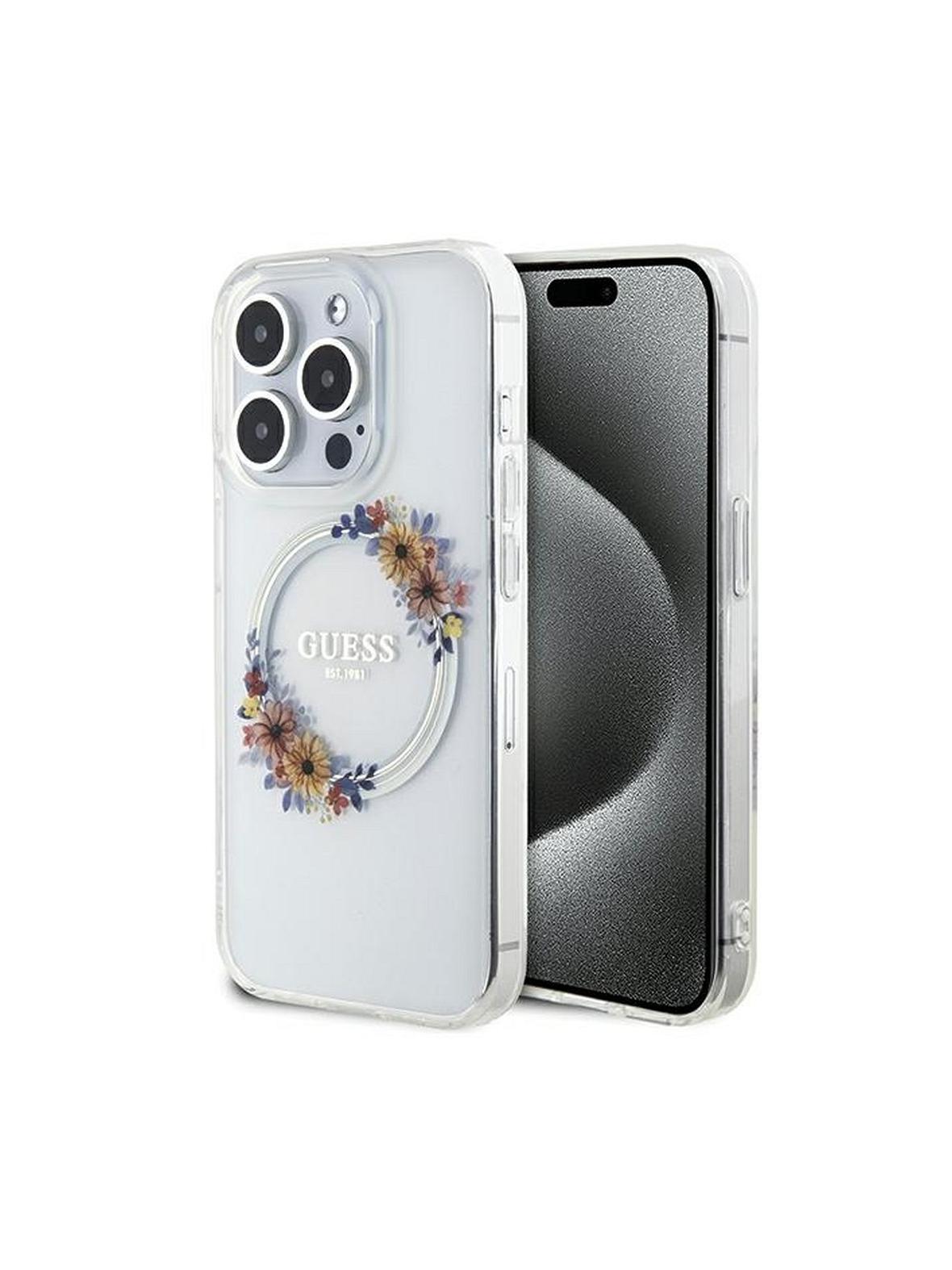 GUESS futerał do IPHONE 15 Pro kompatybilny z MagSafe GUHMP15LHFWFCT (Flowers Wreath) transparentny
