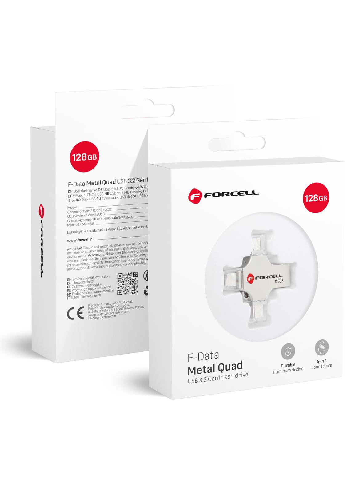 Pendrive 128GB USB 3.2 Gen 1 (USB A / USB C / Lightning / Micro USB) Forcell F-Data Metal Quad srebrny