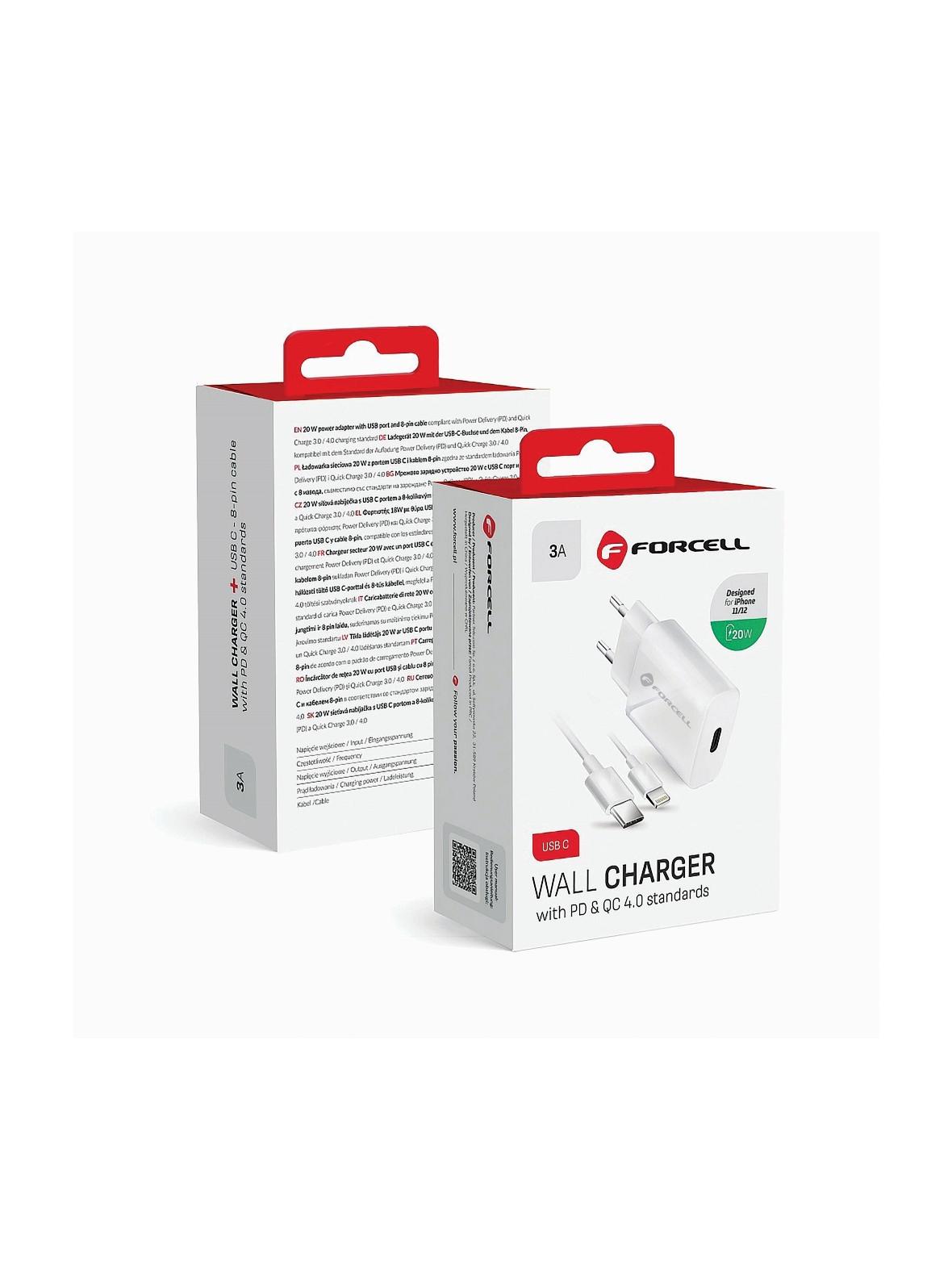 Ładowarka sieciowa do telefonu Forcell F-Energy USB C QC4.0 PD 3A 20W + kabel USB C do Lightning TFK-TC-20WPD biała