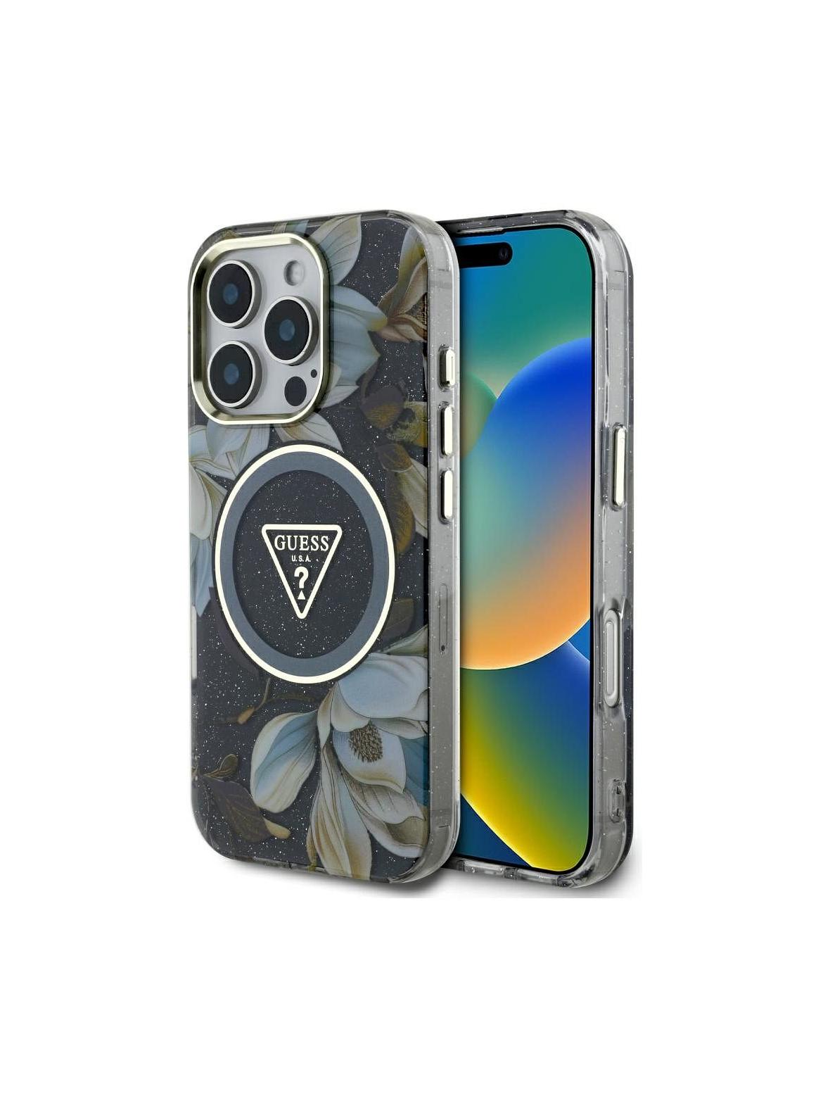 GUESS futerał do IPHONE 16 Pro Max kompatybyliny z MagSafe GUHMP16XHFLPEDK (IML Metal Glitter Flowers Triangle) czarny