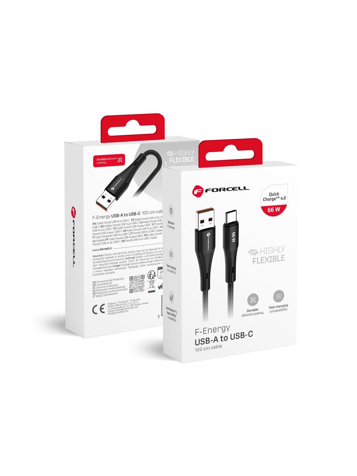 Kabel USB A do USB C Forcell F-Energy QC4.0 3A 66W Silicone 1 m C342 czarny