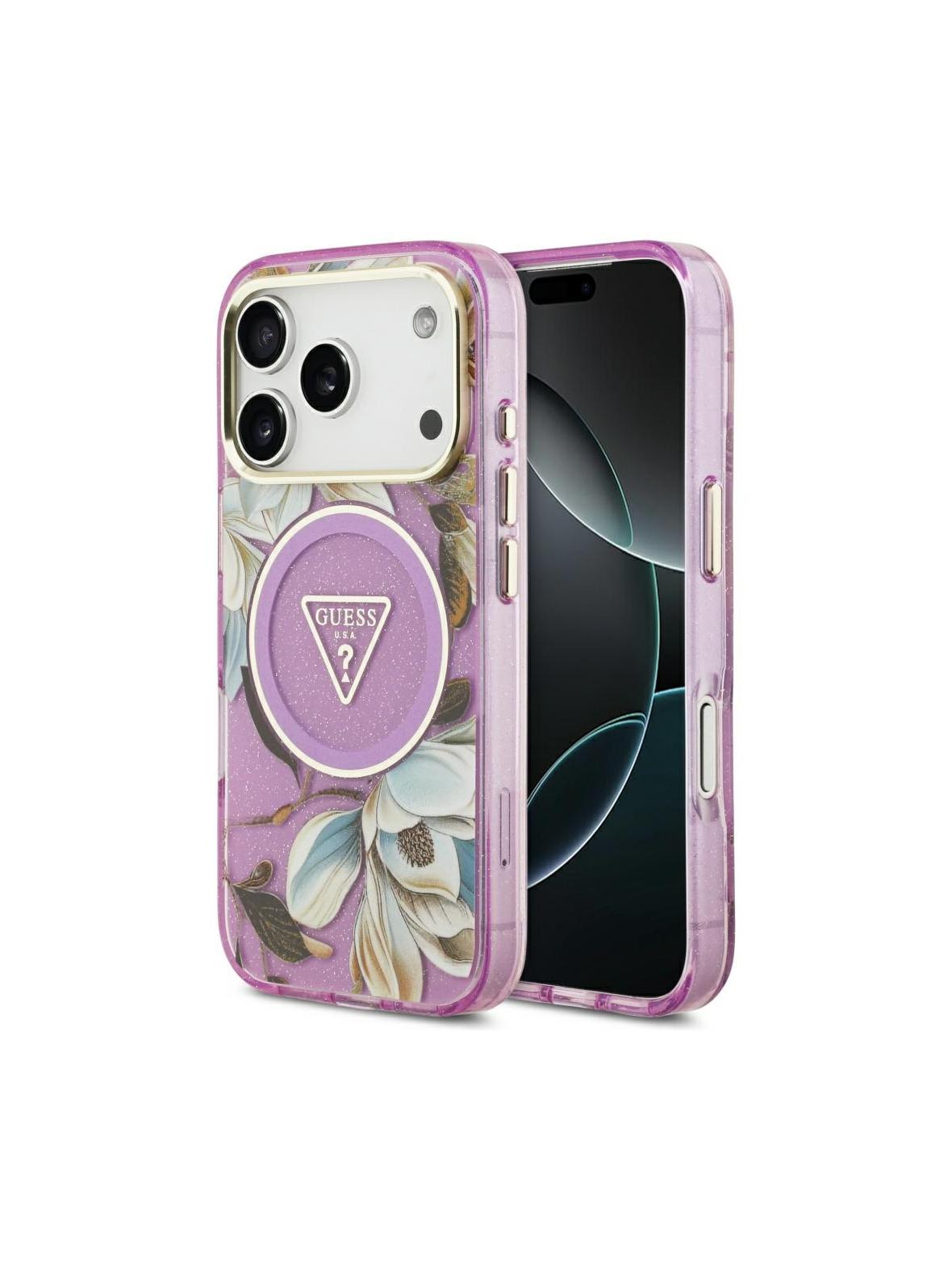 GUESS futerał do IPHONE 17 Pro Max kompatybilny z MagSafe GUHMP17XHFLPEDU (IML Metal Glitter Flowers Triangle) fioletowy
