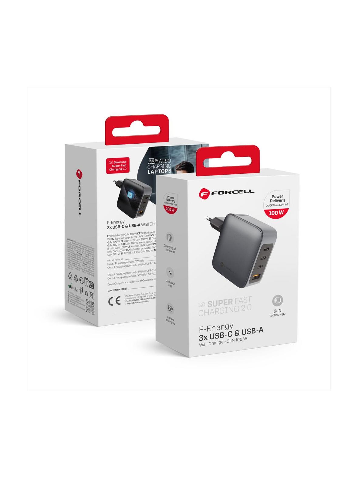 Ładowarka sieciowa do telefonu Forcell F-Energy GaN 3 x USB C + USB A QC4.0 PD 5A 100W VT-46 szara