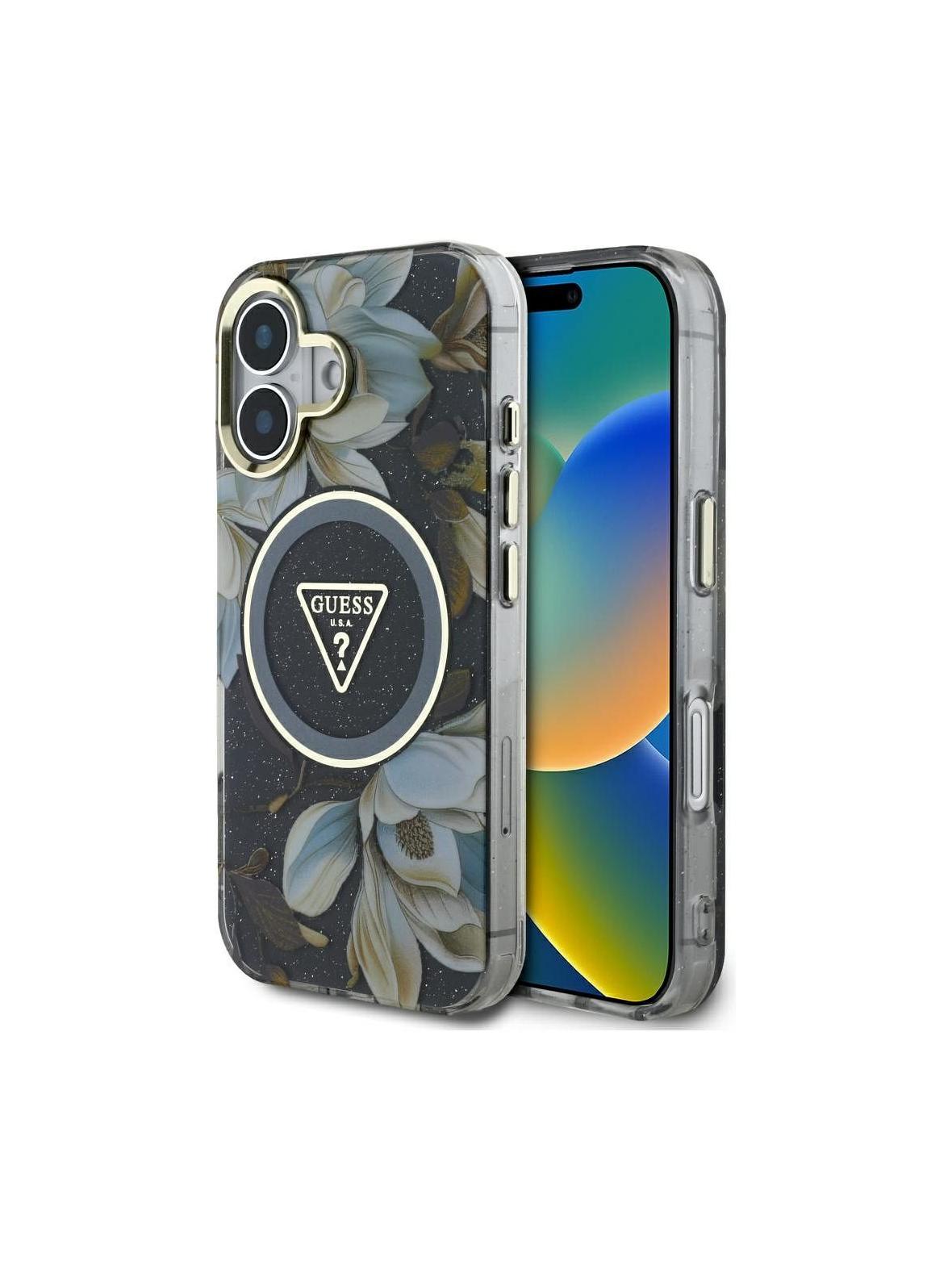 GUESS futerał do IPHONE 16 kompatybyliny z MagSafe GUHMP16SHFLPEDK (IML Metal Glitter Flowers Triangle) czarny