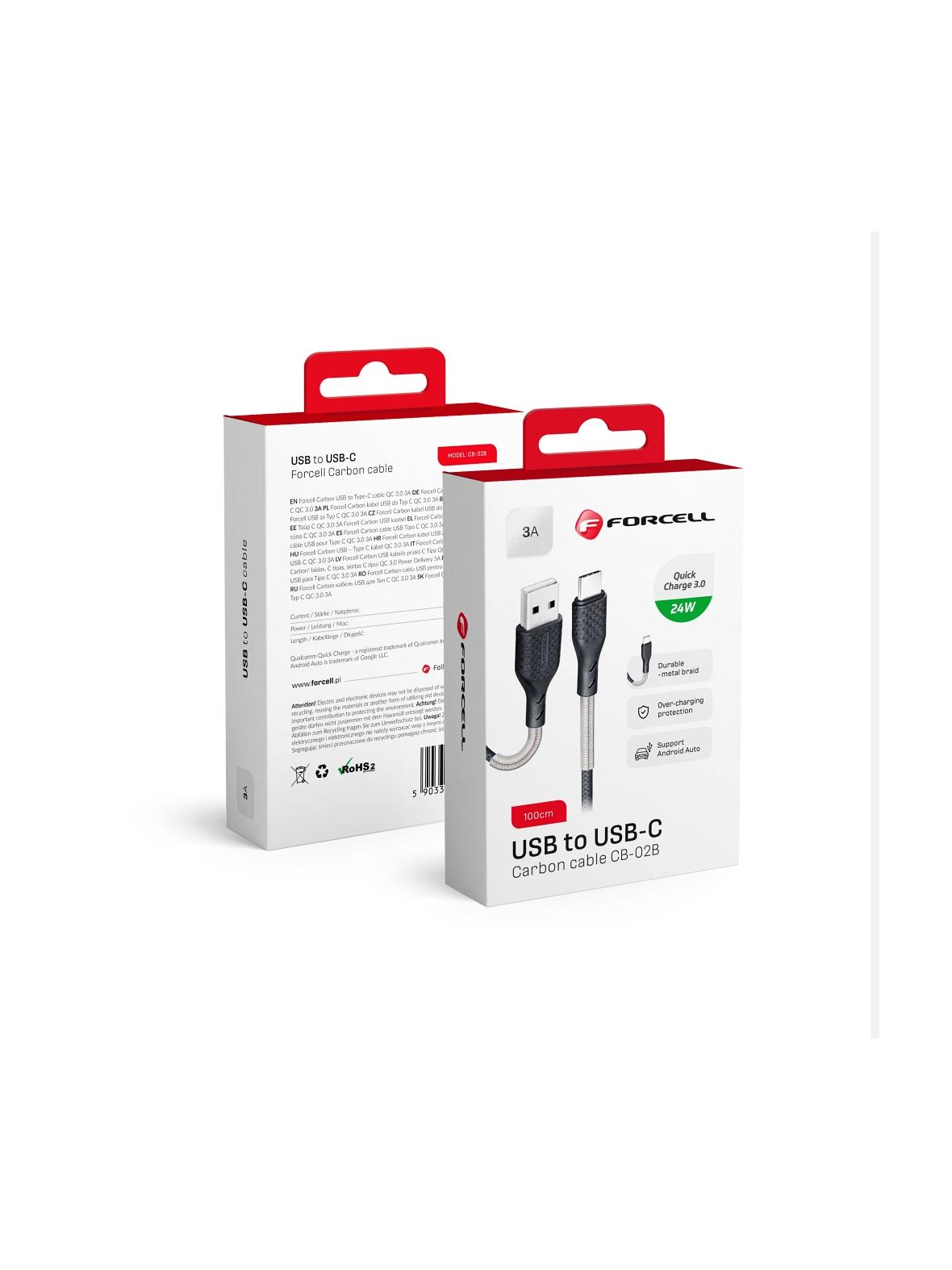 Kabel USB A do USB C Forcell F-Energy QC3.0 3A 24W Carbon 1 m CB-02B czarny