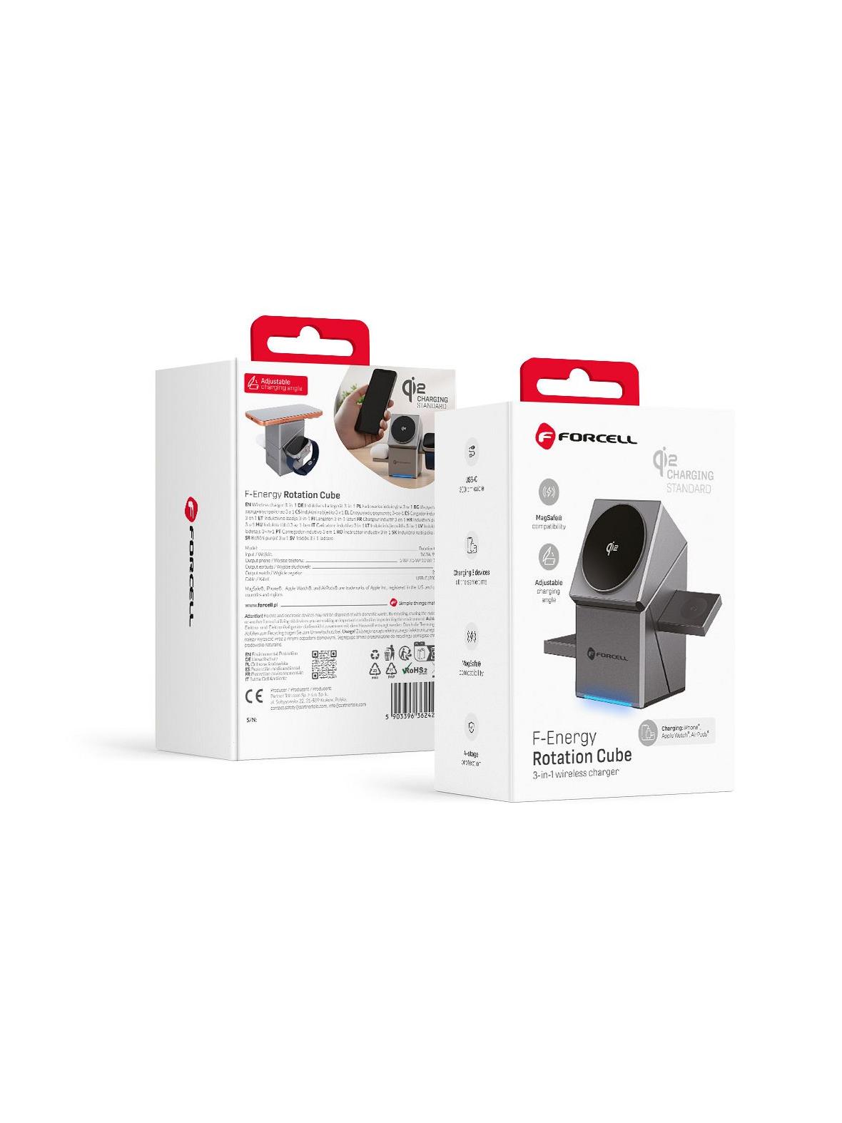 Ładowarka indukcyjna Forcell F-Energy 3w1 Rotation Cube Qi2 zgodna z MagSafe (F-06) srebrna