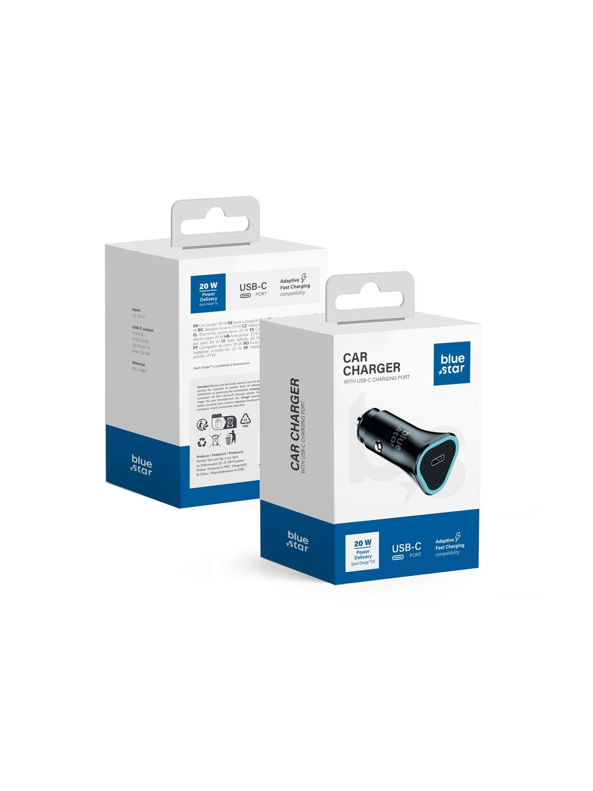 Ładowarka samochodowa Blue Star USB C QC3.0 PD AFC 3A 20W CC391-1C czarna