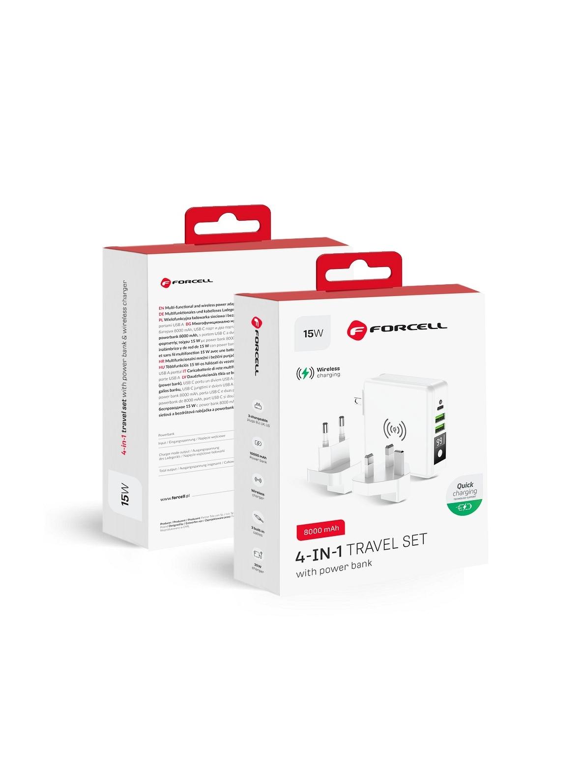 Wielofunkcyjna ładowarka Forcell F-Energy 4w1 2 x USB A + USB C 15W + power bank 8000mAh + ładowanie bezprzewodowe biała