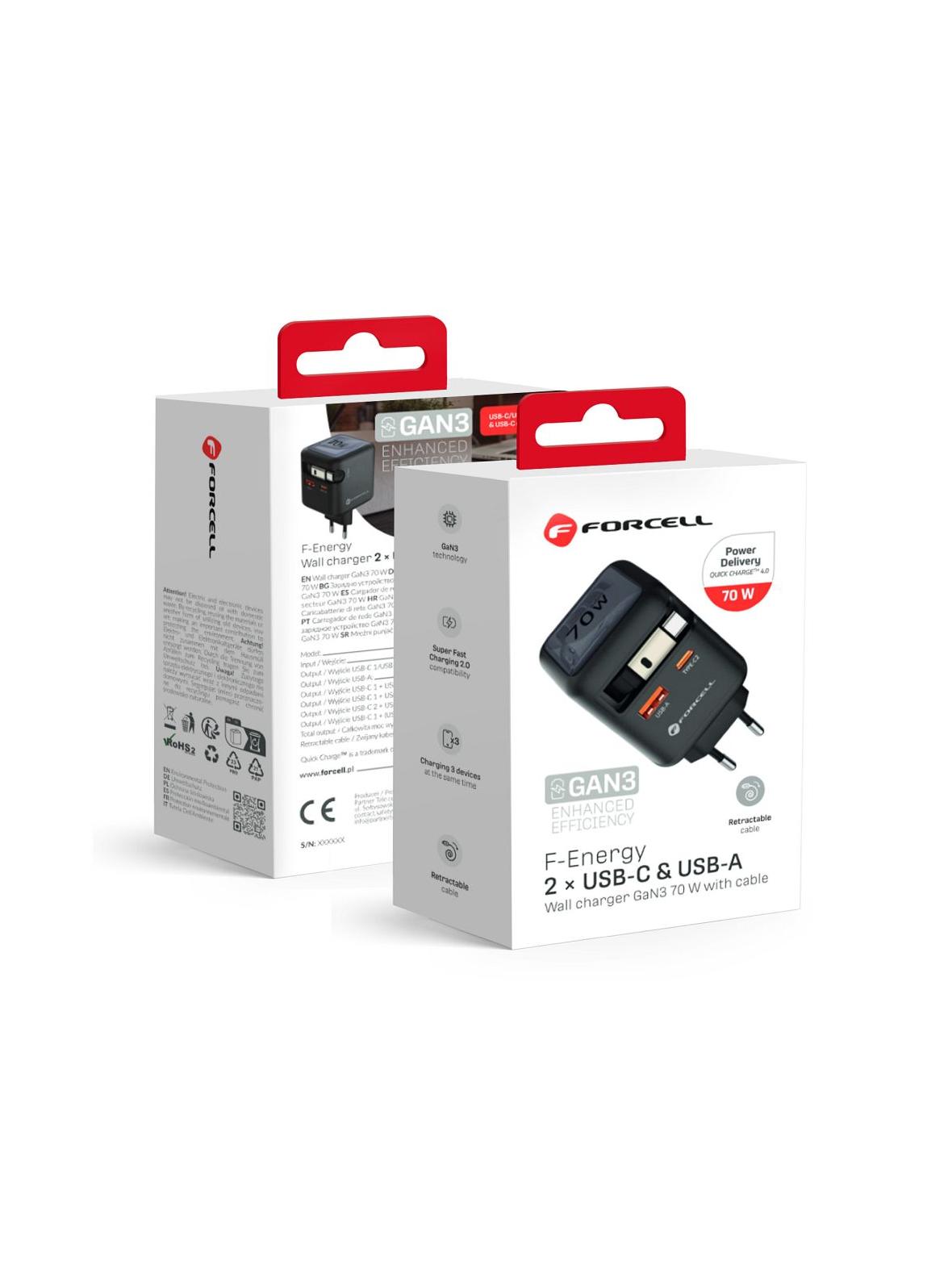 Ładowarka sieciowa do telefonu Forcell F-Energy GaN USB C + USB A + zwijany kabel USB C PD QC4.0 3A 70W VT-R7 szara