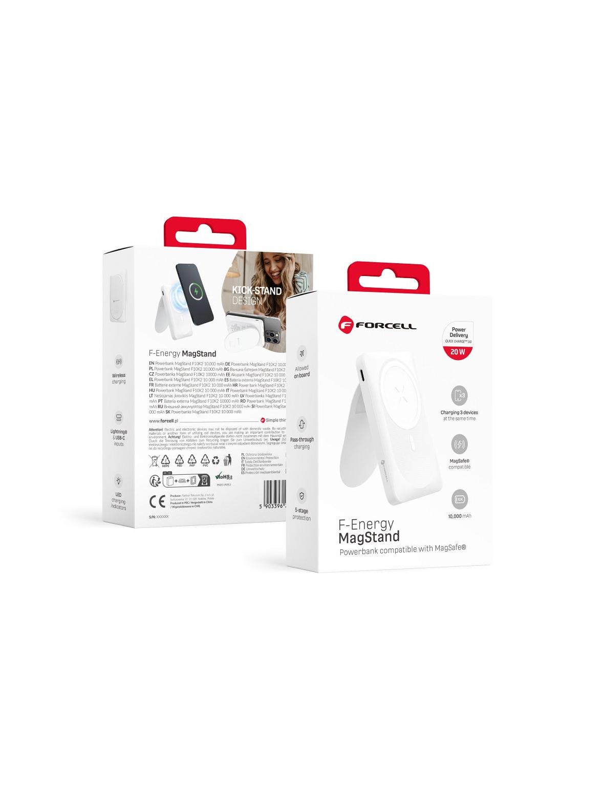 Powerbank zgodny z MagSafe Forcell F-Energy MagStand F10K2 QC3.0 PD 5A 20W 10000 mAh biały