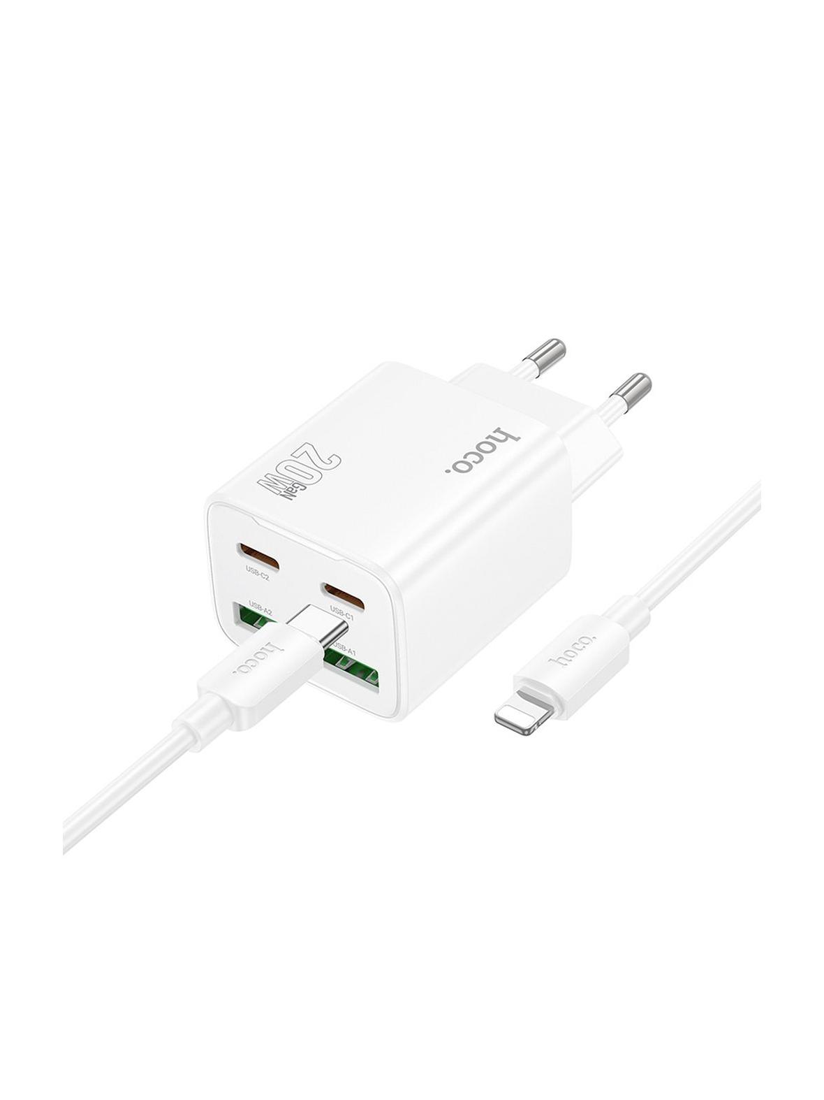 Ładowarka sieciowa do telefonu Hoco 2 x USB C + 2 x USB A QC3.0 PD 3A 20W + kabel USB C do Lightning N55 biała