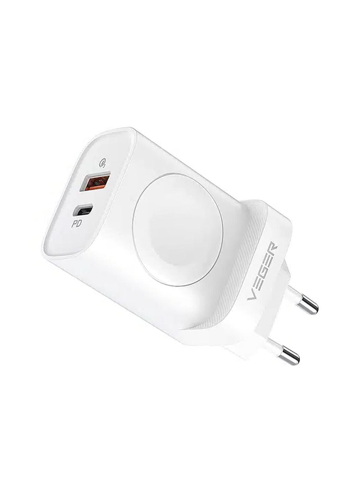 Ładowarka sieciowa do telefonu VEGER USB A + Typ C + ładowarka indukcujna kompatybilna z Apple Watch PD QC3.0 3A 25W W002E biała